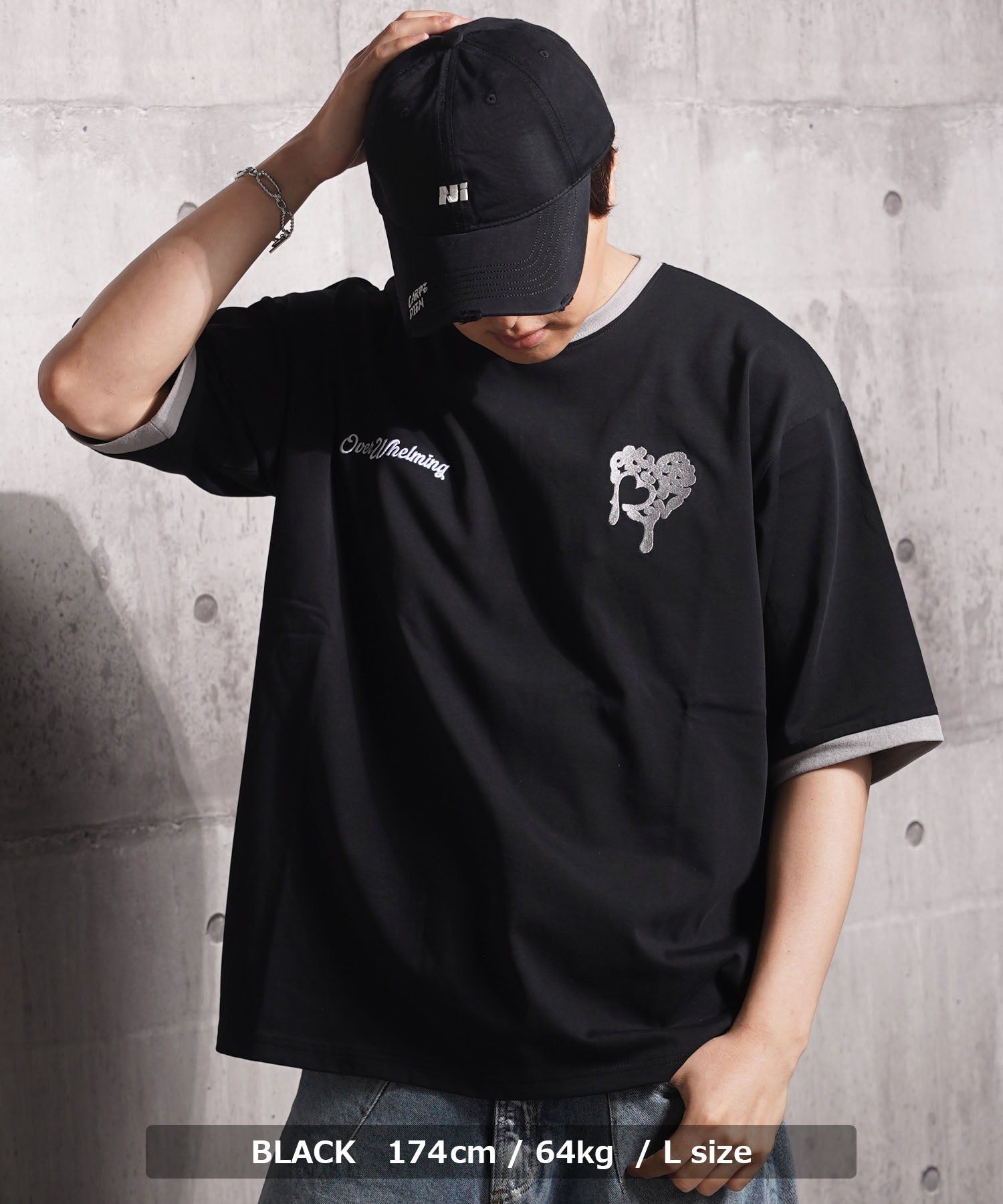 ワンフォークロージング 1111clothing ドリップハート サガラ刺繍 リンガーTシャツ （BLACK） BLACK