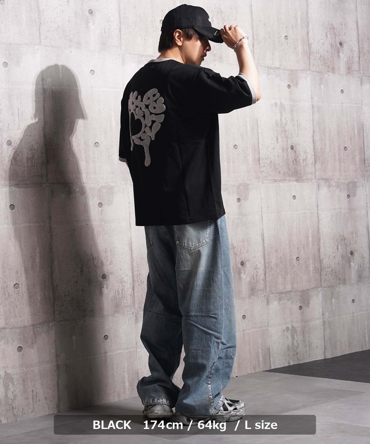 ワンフォークロージング 1111clothing ドリップハート サガラ刺繍 リンガーTシャツ （BLACK） BLACK