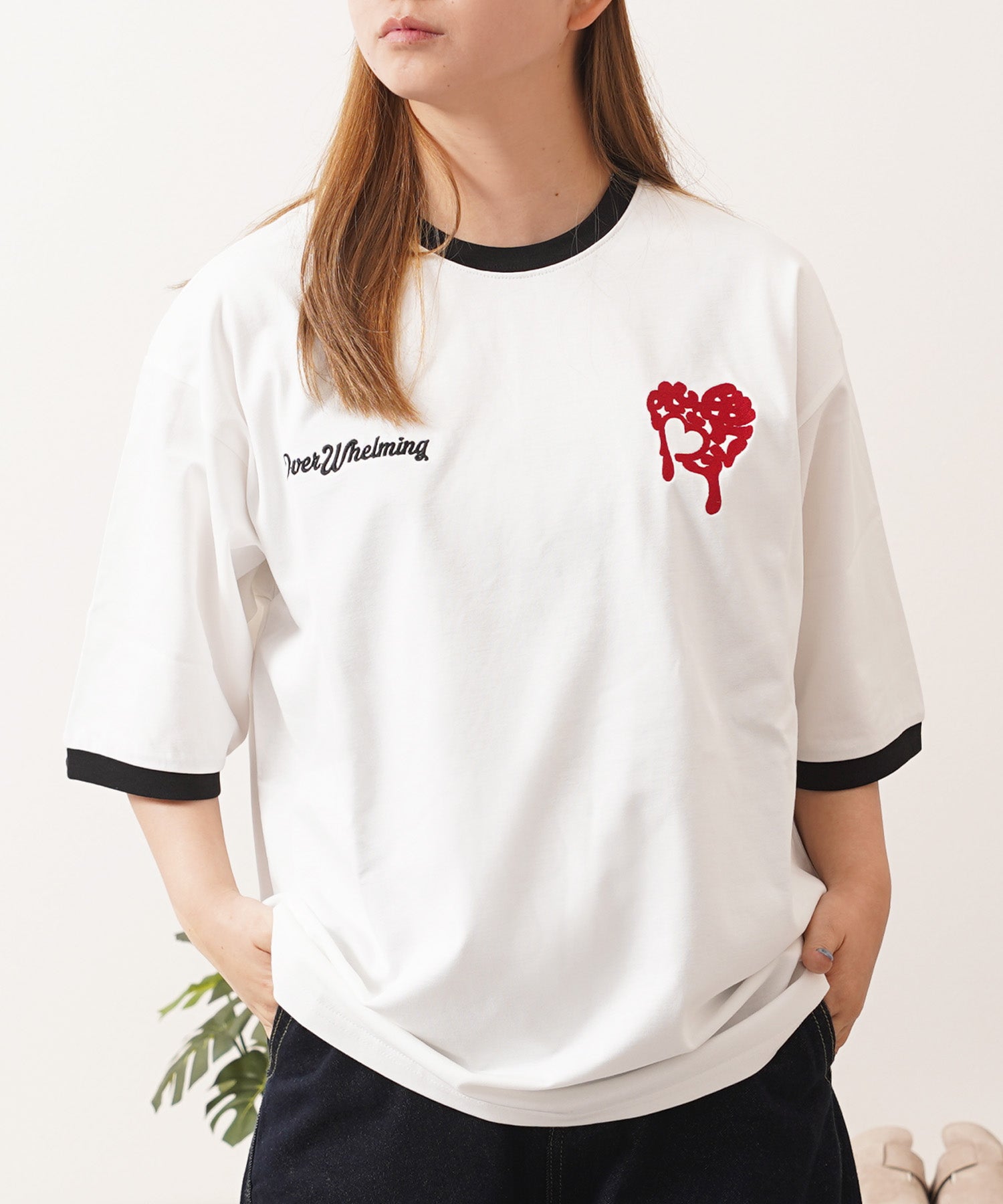 ワンフォークロージング 1111clothing ドリップハート サガラ刺繍 リンガーTシャツ （O.WHITE） O.WHITE