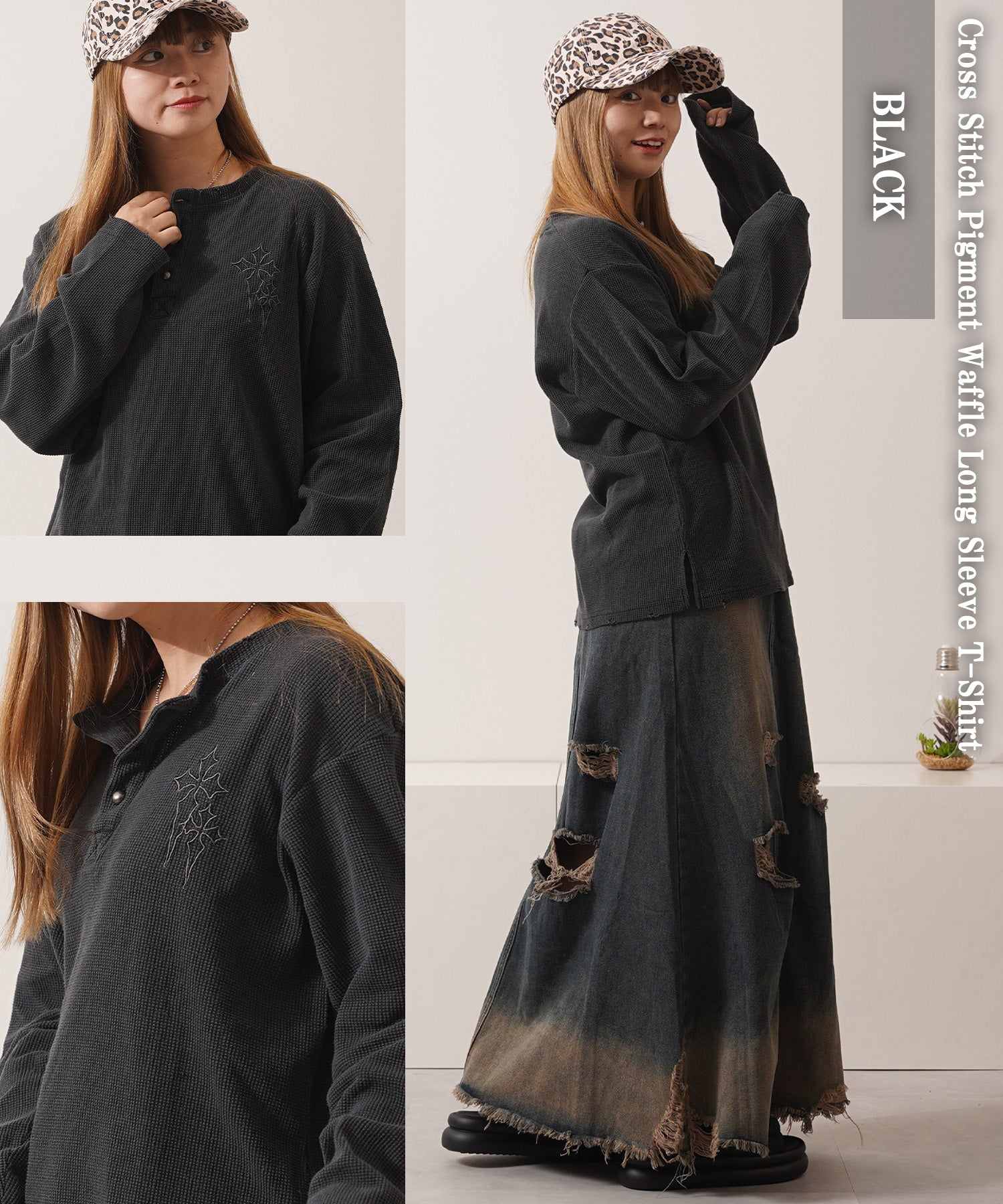 ワンフォークロージング 1111clothing クロス刺繍ピグメントワッフルロンT （GRAY） GRAY