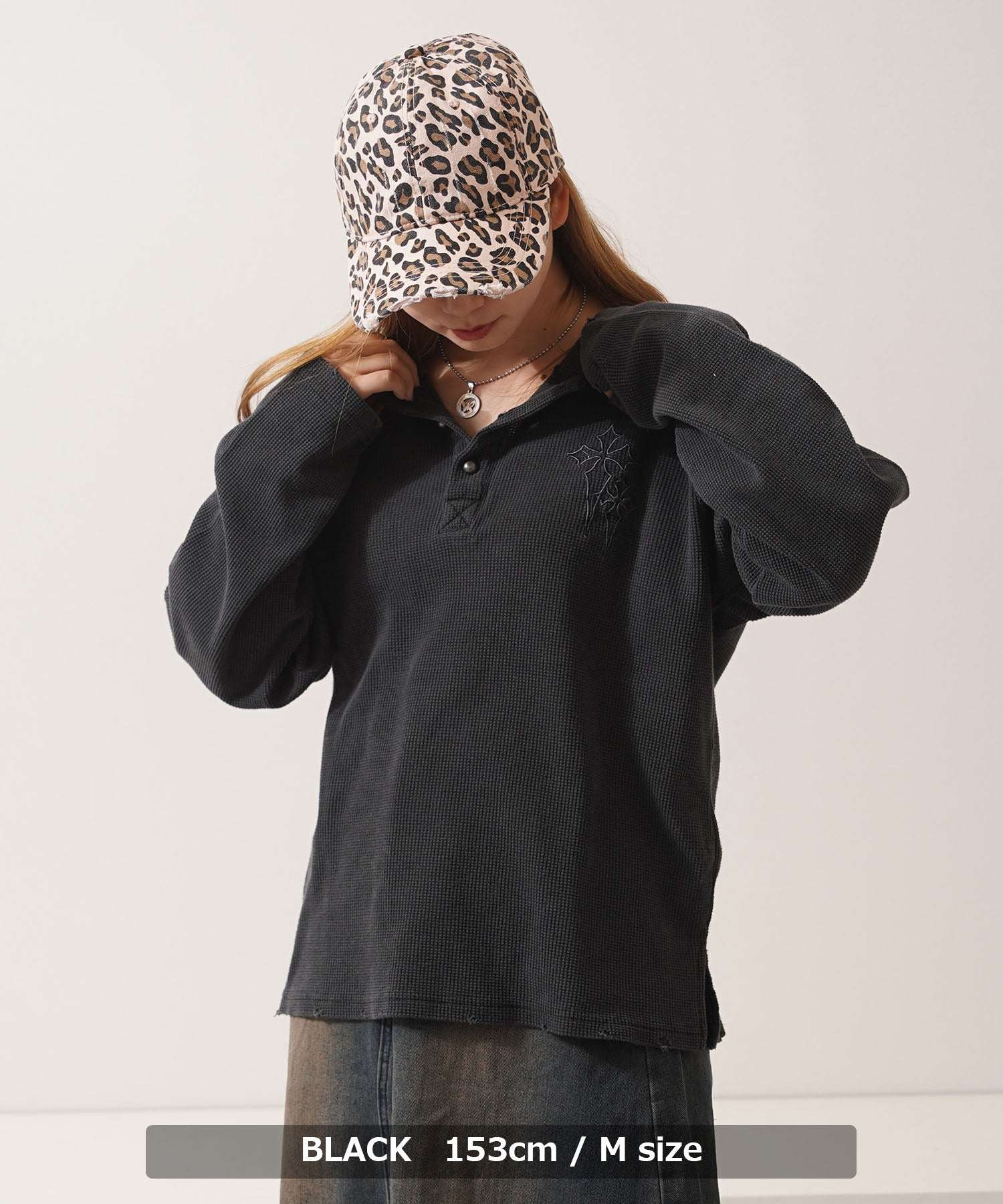ワンフォークロージング 1111clothing クロス刺繍ピグメントワッフルロンT （GRAY） GRAY