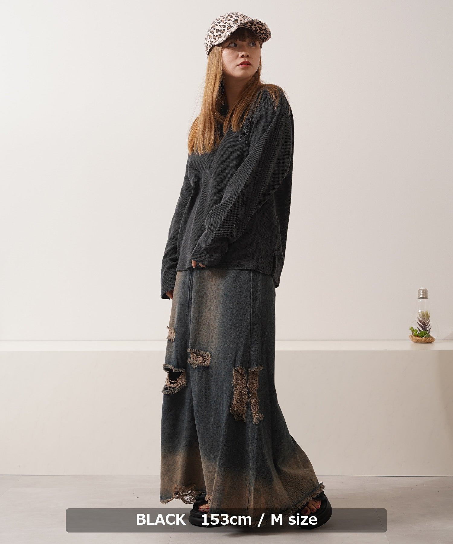 ワンフォークロージング 1111clothing クロス刺繍ピグメントワッフルロンT （GRAY） GRAY