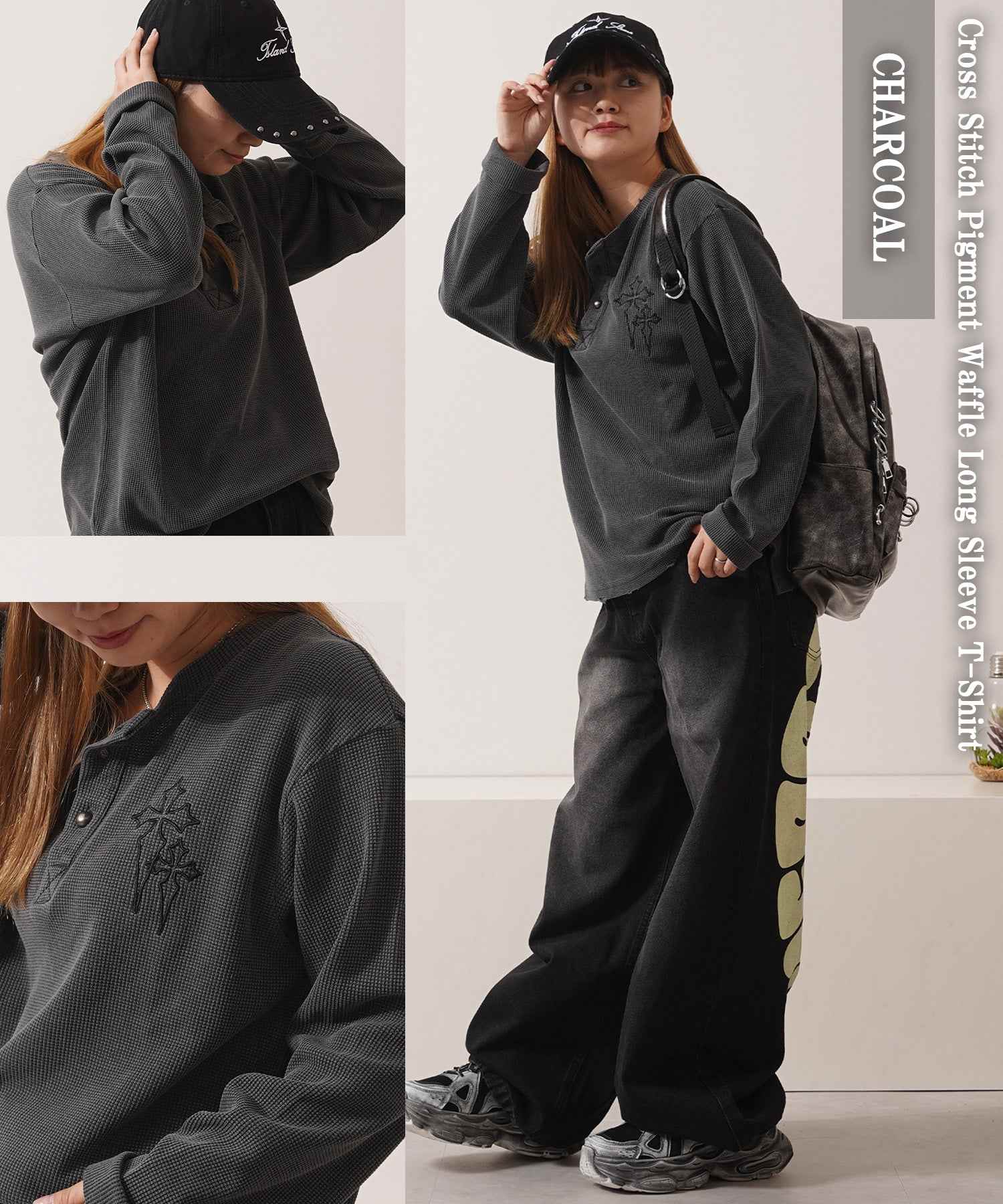 ワンフォークロージング 1111clothing クロス刺繍ピグメントワッフルロンT （GRAY） GRAY