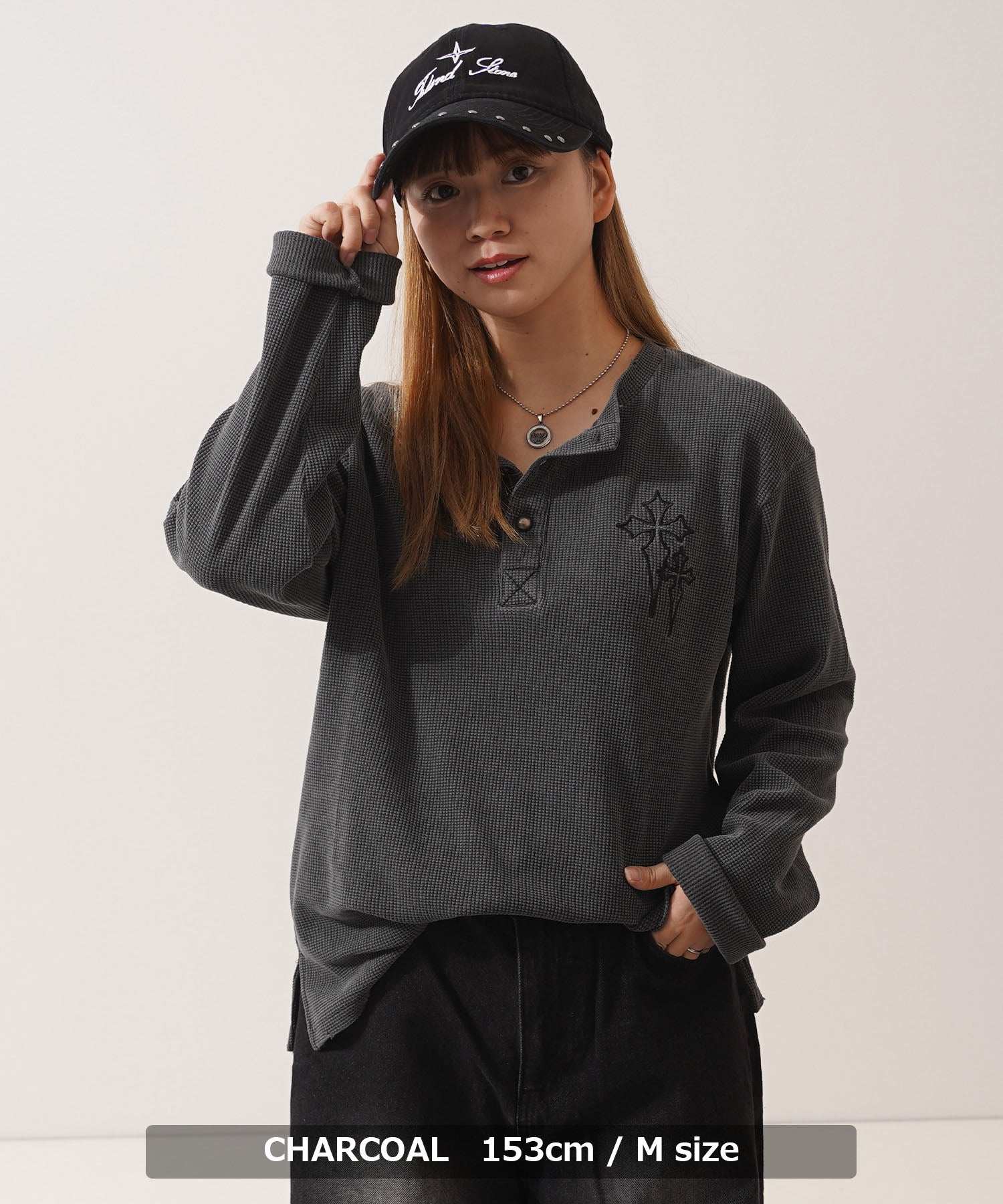 ワンフォークロージング 1111clothing クロス刺繍ピグメントワッフルロンT （GRAY） GRAY