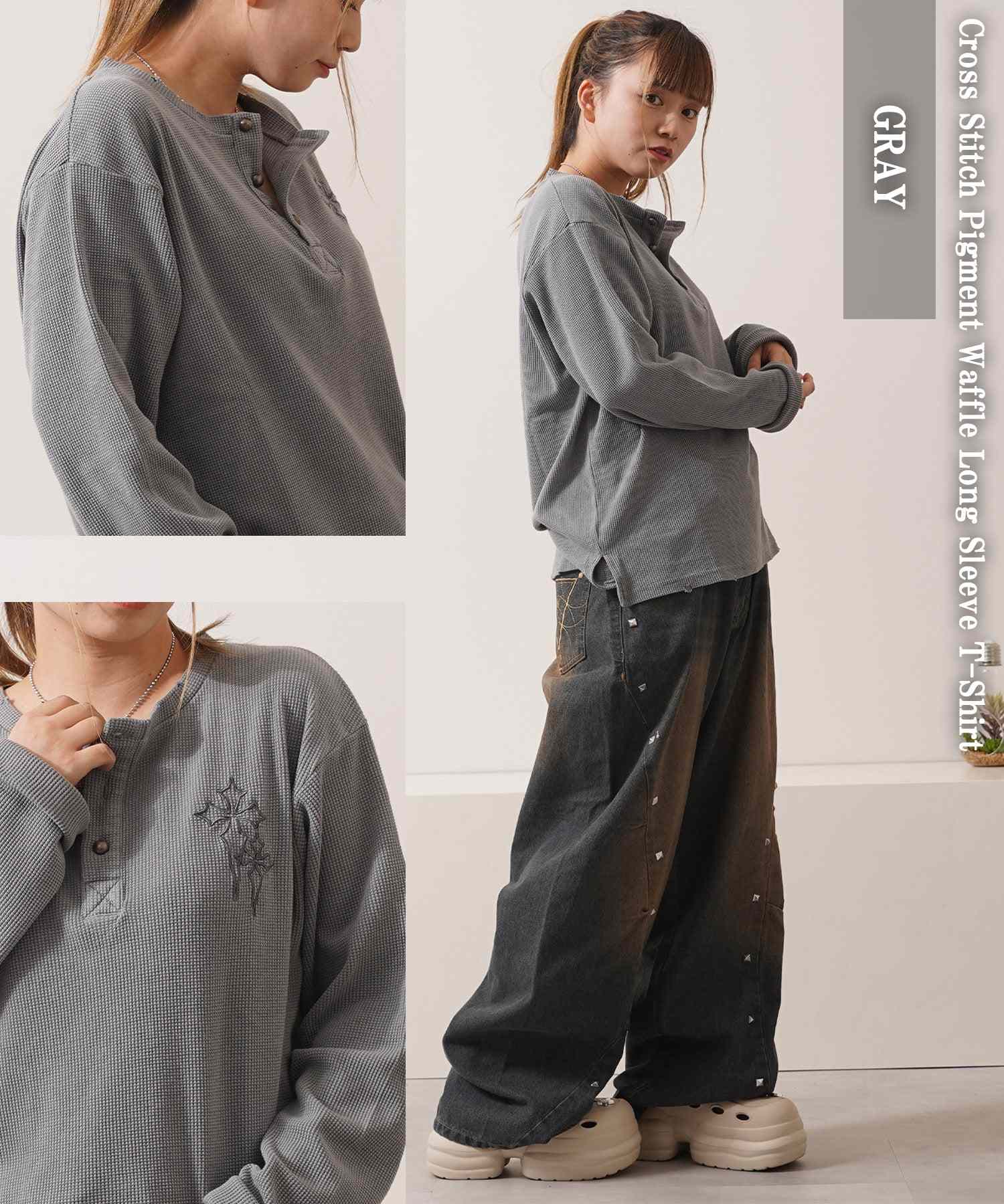 ワンフォークロージング 1111clothing クロス刺繍ピグメントワッフルロンT （GRAY） GRAY