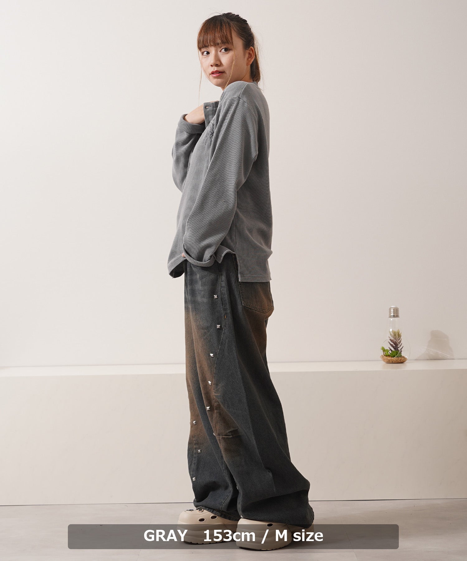ワンフォークロージング 1111clothing クロス刺繍ピグメントワッフルロンT （GRAY） GRAY