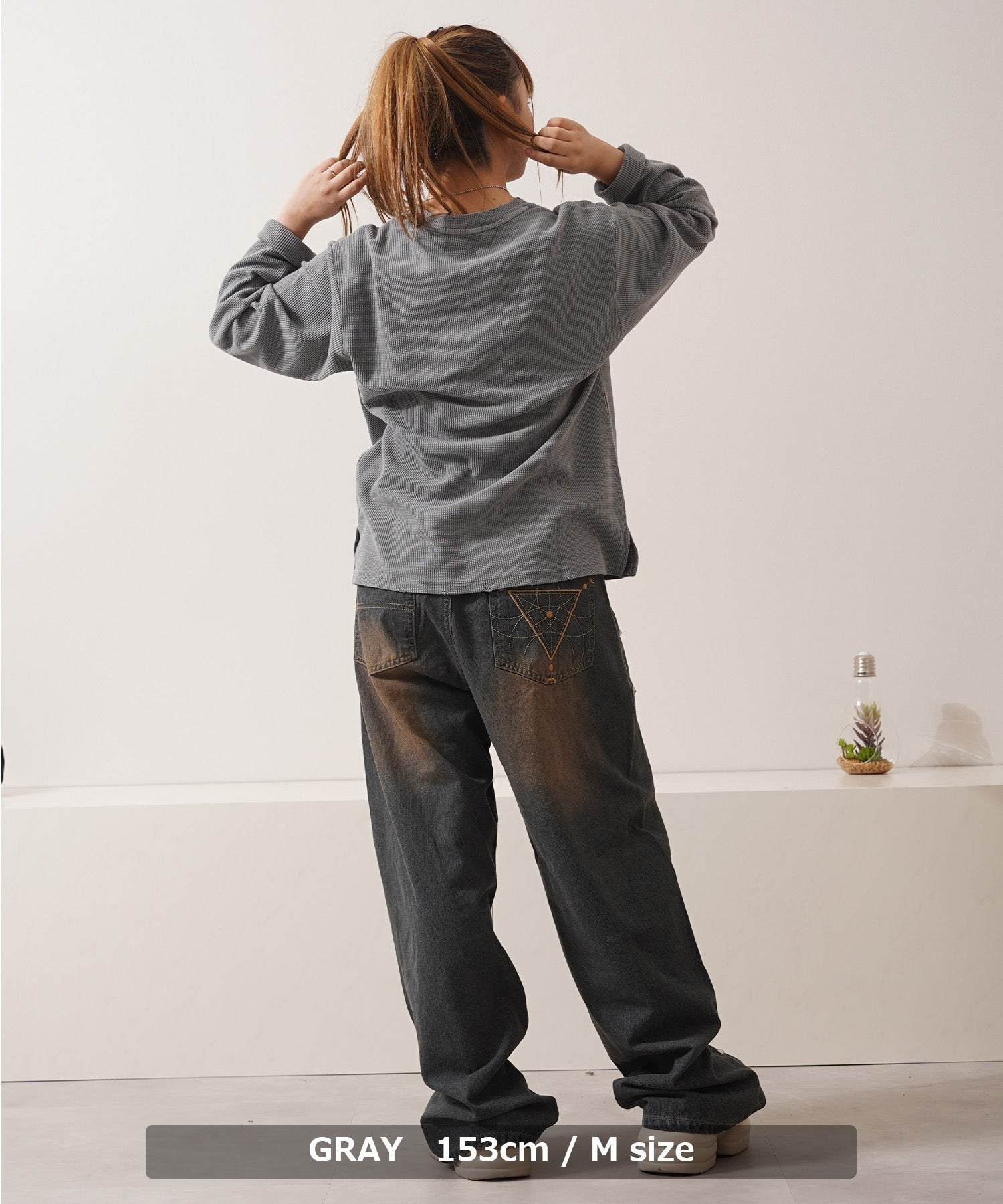 ワンフォークロージング 1111clothing クロス刺繍ピグメントワッフルロンT （GRAY） GRAY