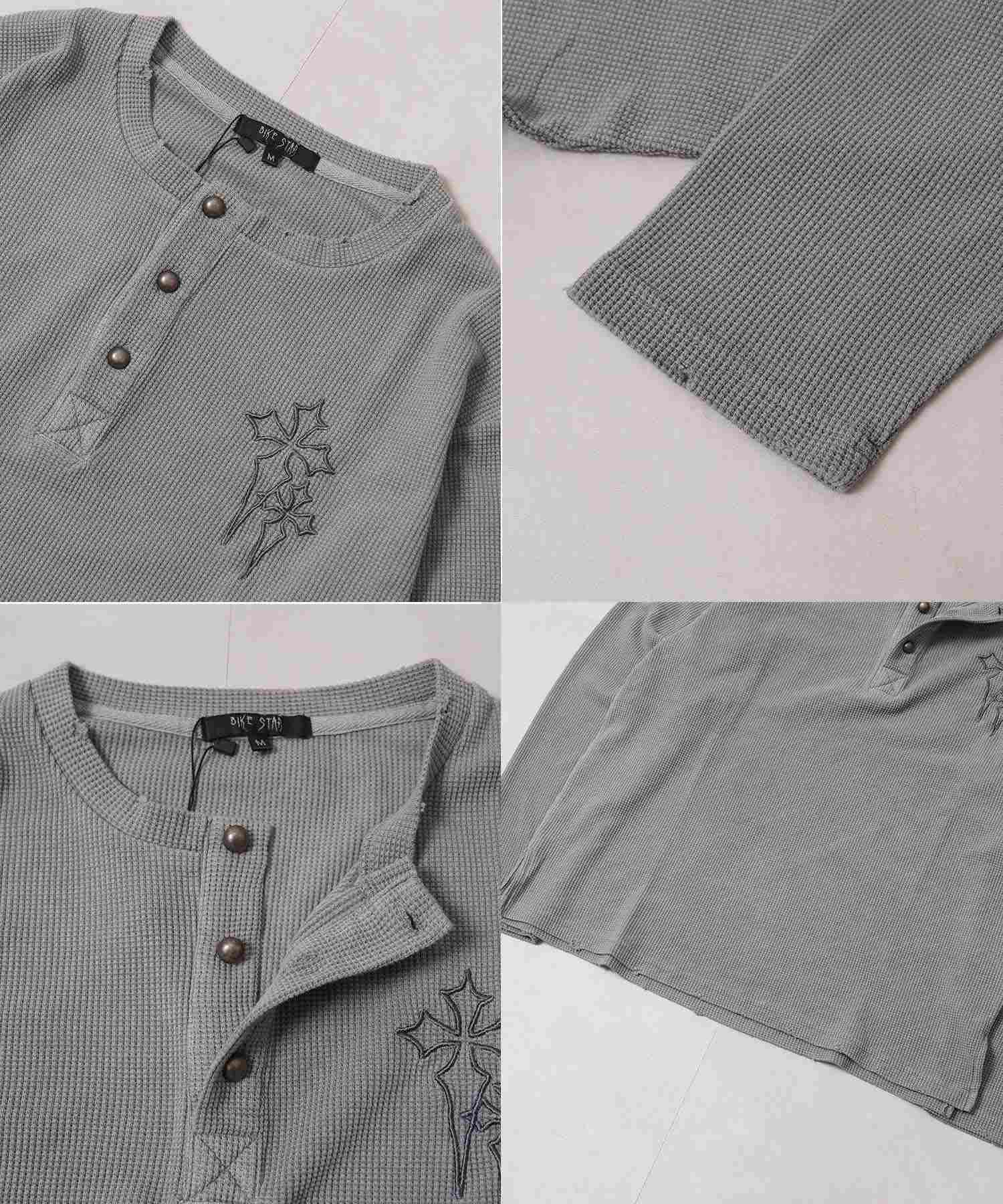 ワンフォークロージング 1111clothing クロス刺繍ピグメントワッフルロンT （GRAY） GRAY