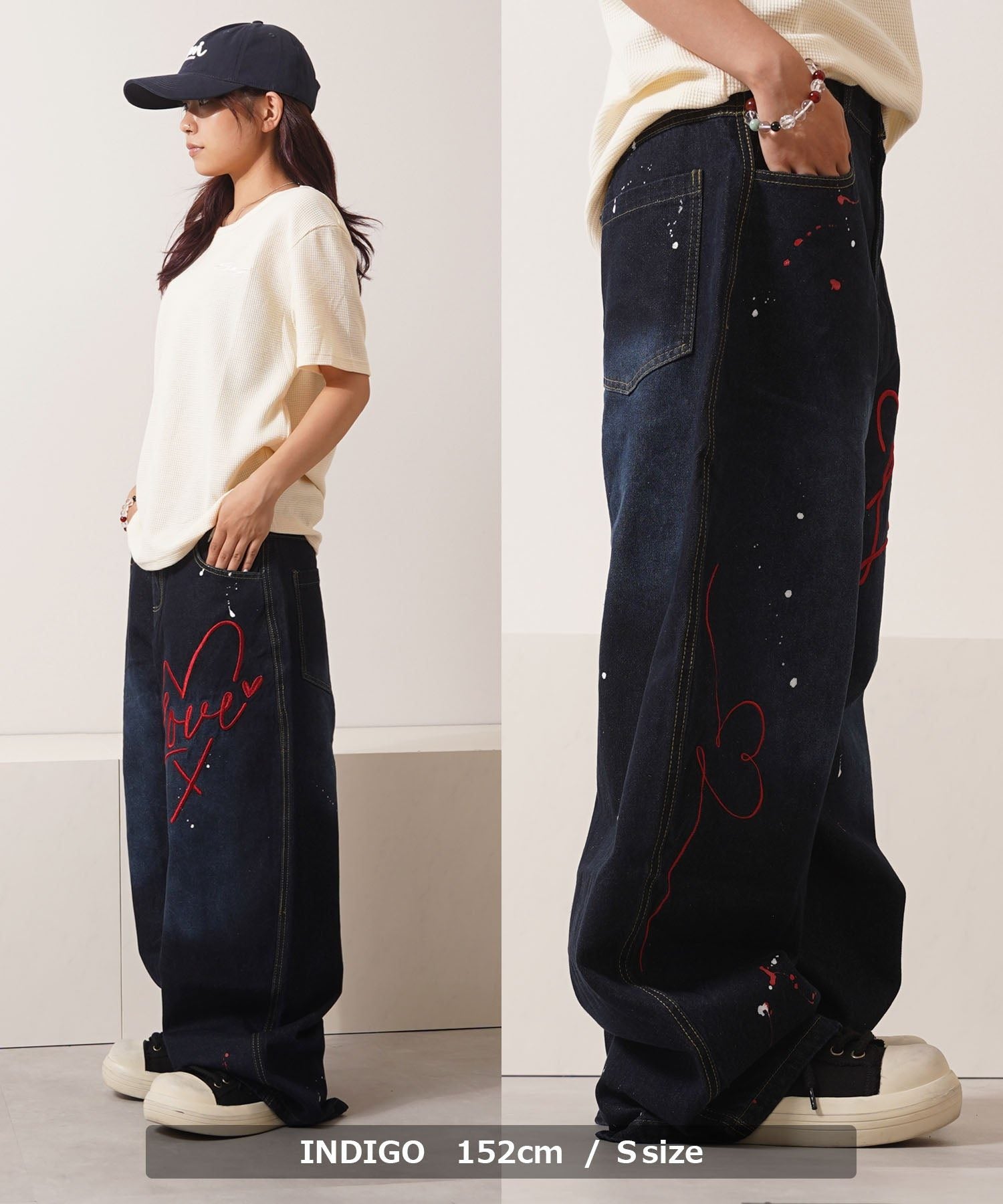 ワンフォークロージング 1111clothing ハート刺繍 バレルレッグ ジーンズ （INDIGO） INDIGO