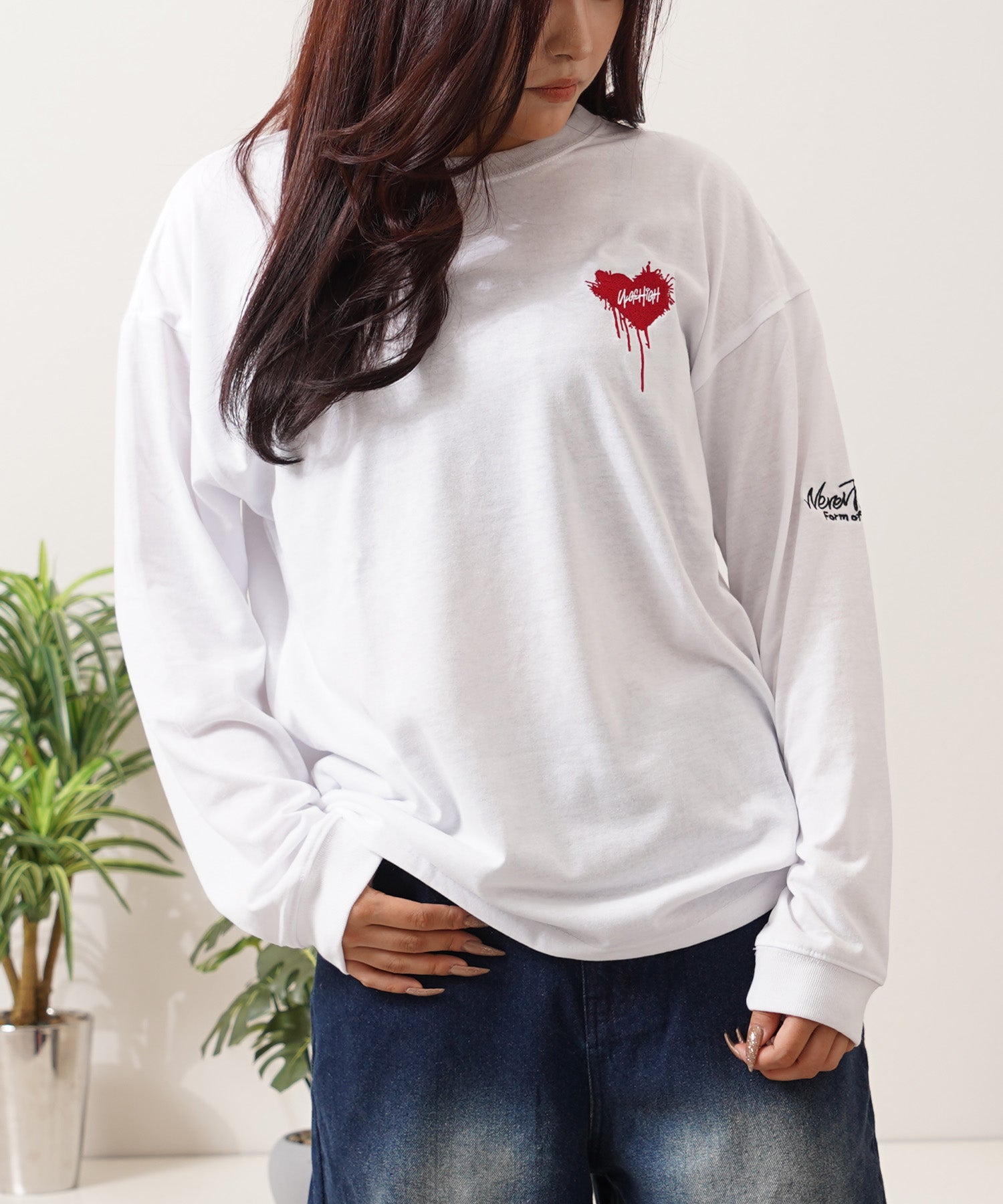 ワンフォークロージング 1111clothing ハート刺繍 ワイドシルエット L/S Tee （A柄-WHITE） A柄-WHITE