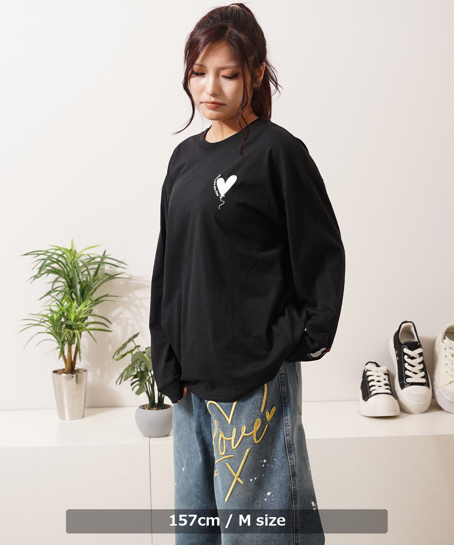 ワンフォークロージング 1111clothing ハート刺繍 ワイドシルエット L/S Tee （A柄-WHITE） A柄-WHITE