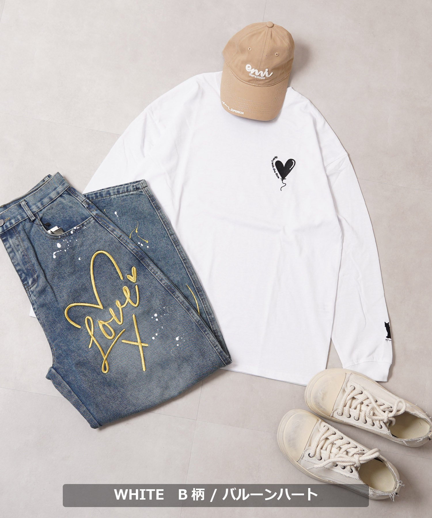 ワンフォークロージング 1111clothing ハート刺繍 ワイドシルエット L/S Tee （A柄-WHITE） A柄-WHITE