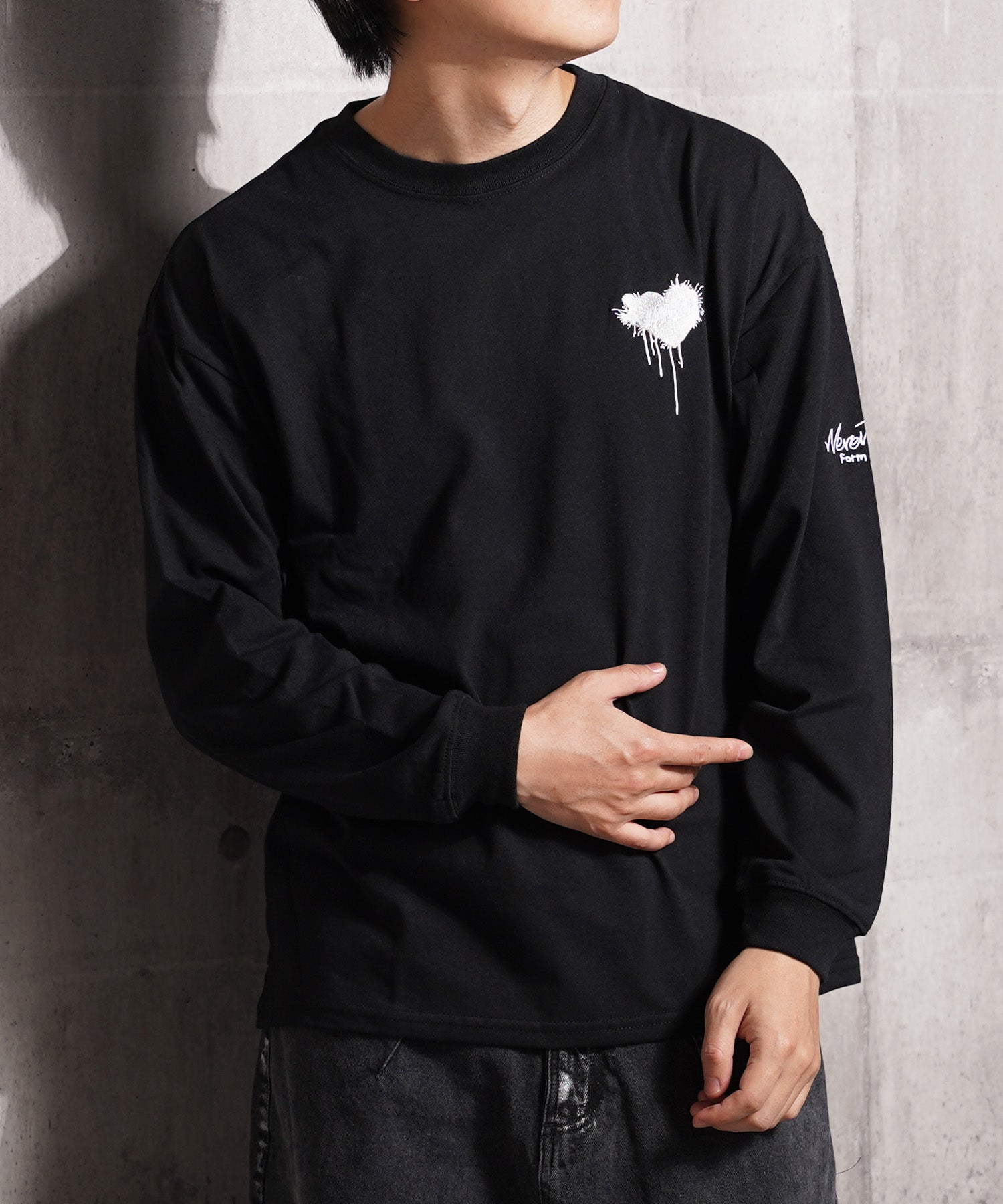 ワンフォークロージング 1111clothing ハート刺繍 ワイドシルエット L/S Tee （A柄-BLACK） A柄-BLACK