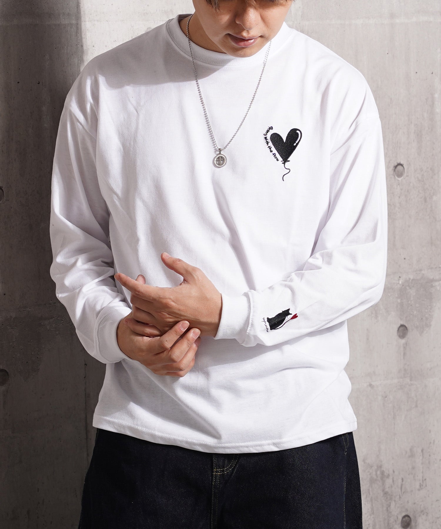 ワンフォークロージング 1111clothing ハート刺繍 ワイドシルエット L/S Tee （B柄-WHITE） B柄-WHITE
