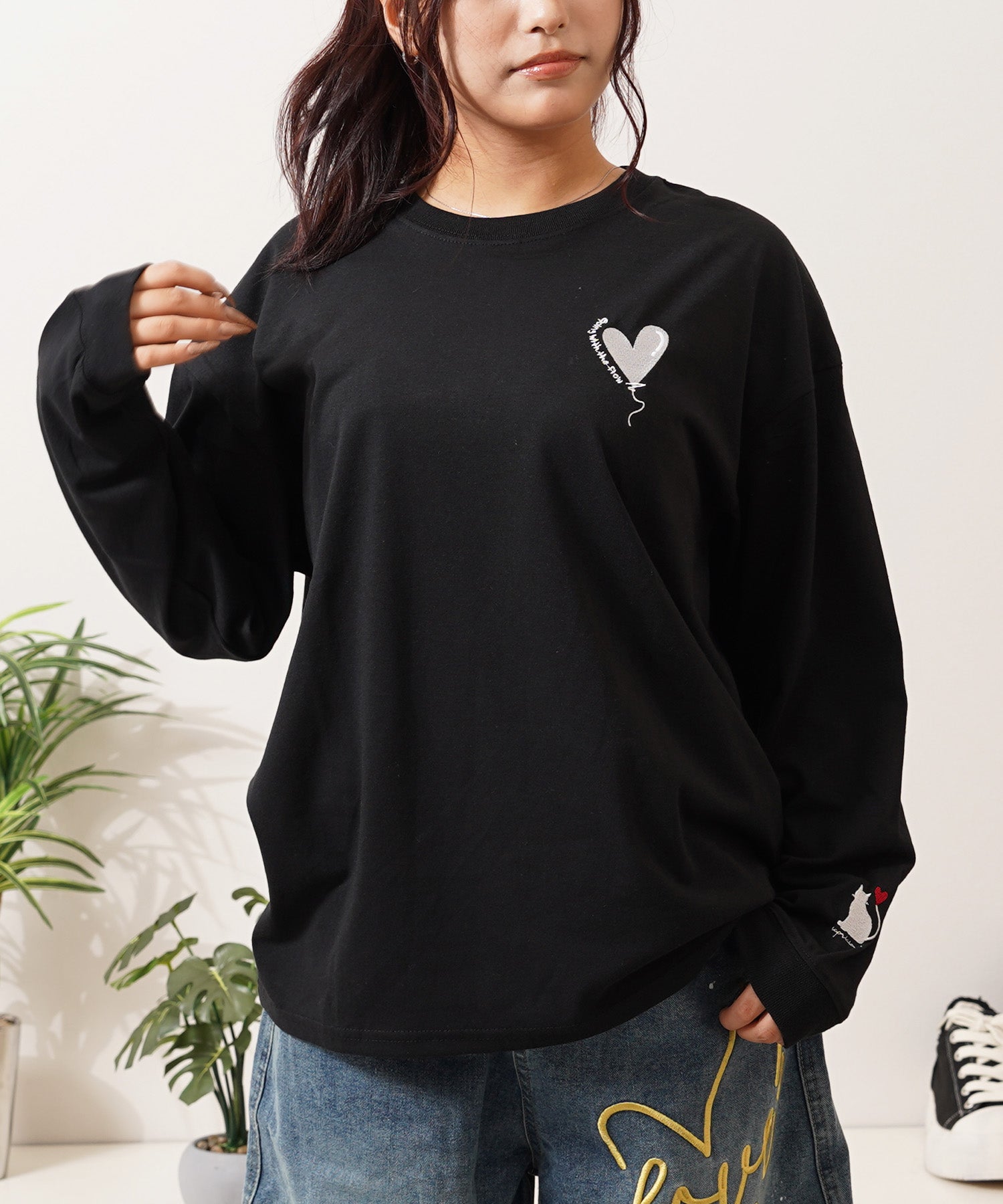 ワンフォークロージング 1111clothing ハート刺繍 ワイドシルエット L/S Tee （B柄-BLACK） B柄-BLACK