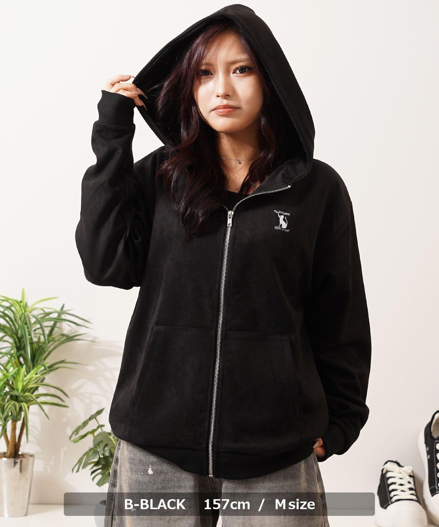 ワンフォークロージング 1111clothing ガール＆ネコ フェイクスエード ジップパーカー （B-OFF） B-OFF