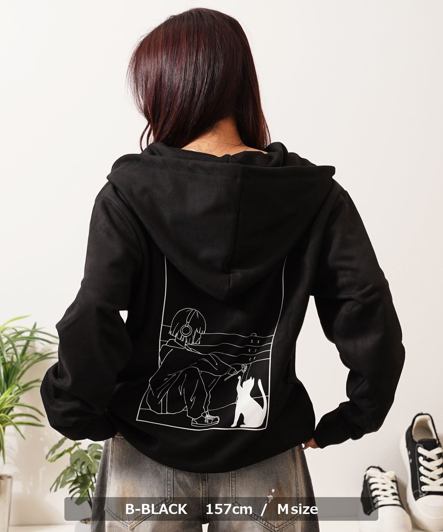 ワンフォークロージング 1111clothing ガール＆ネコ フェイクスエード ジップパーカー （B-OFF） B-OFF
