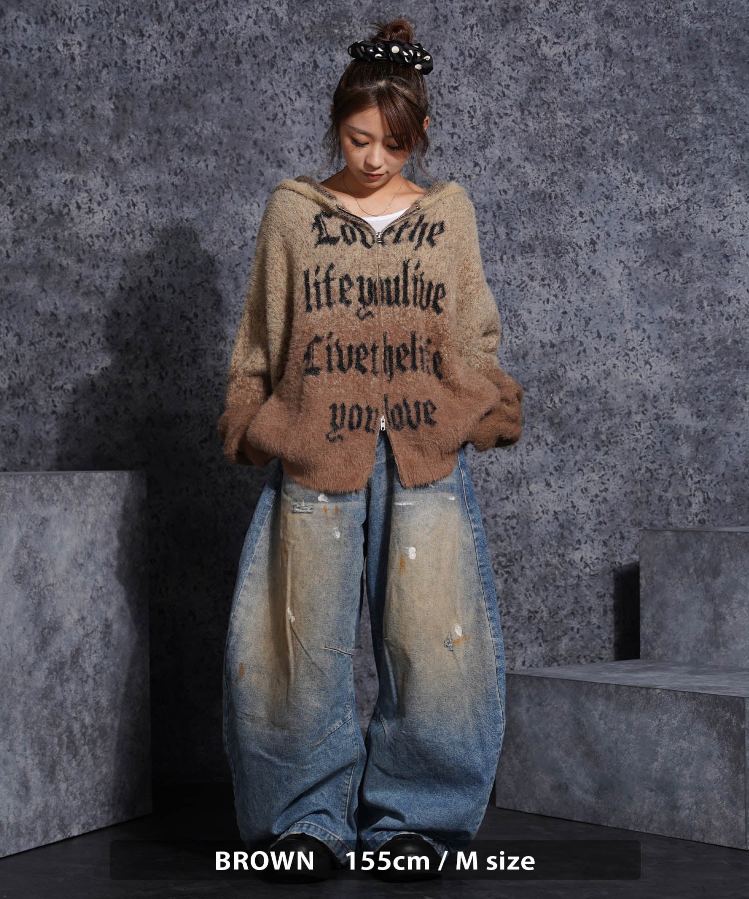 ワンフォークロージング 1111clothing シャギーニット レタリング ジップパーカー （GRAY） GRAY