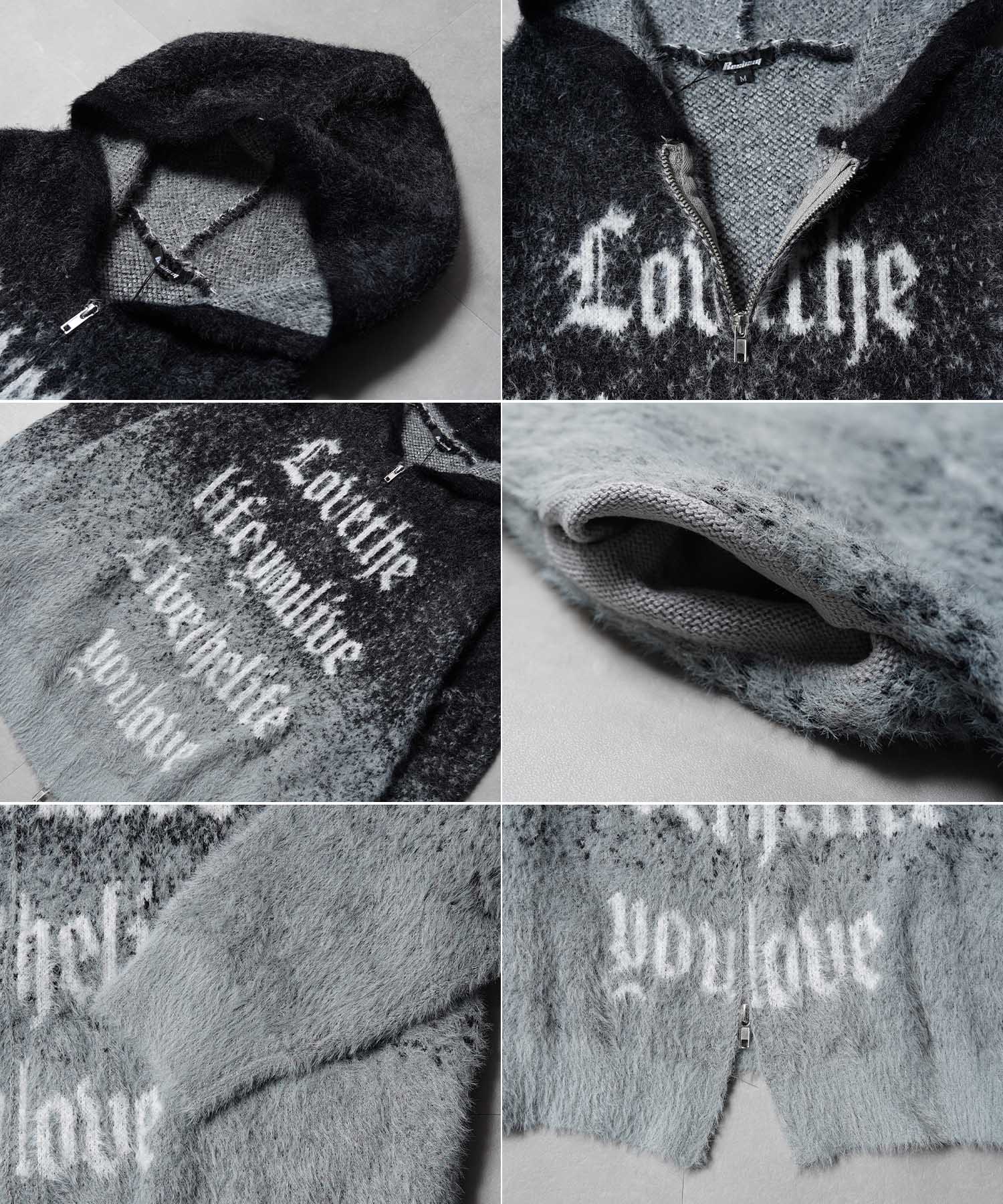 ワンフォークロージング 1111clothing シャギーニット レタリング ジップパーカー （GRAY） GRAY