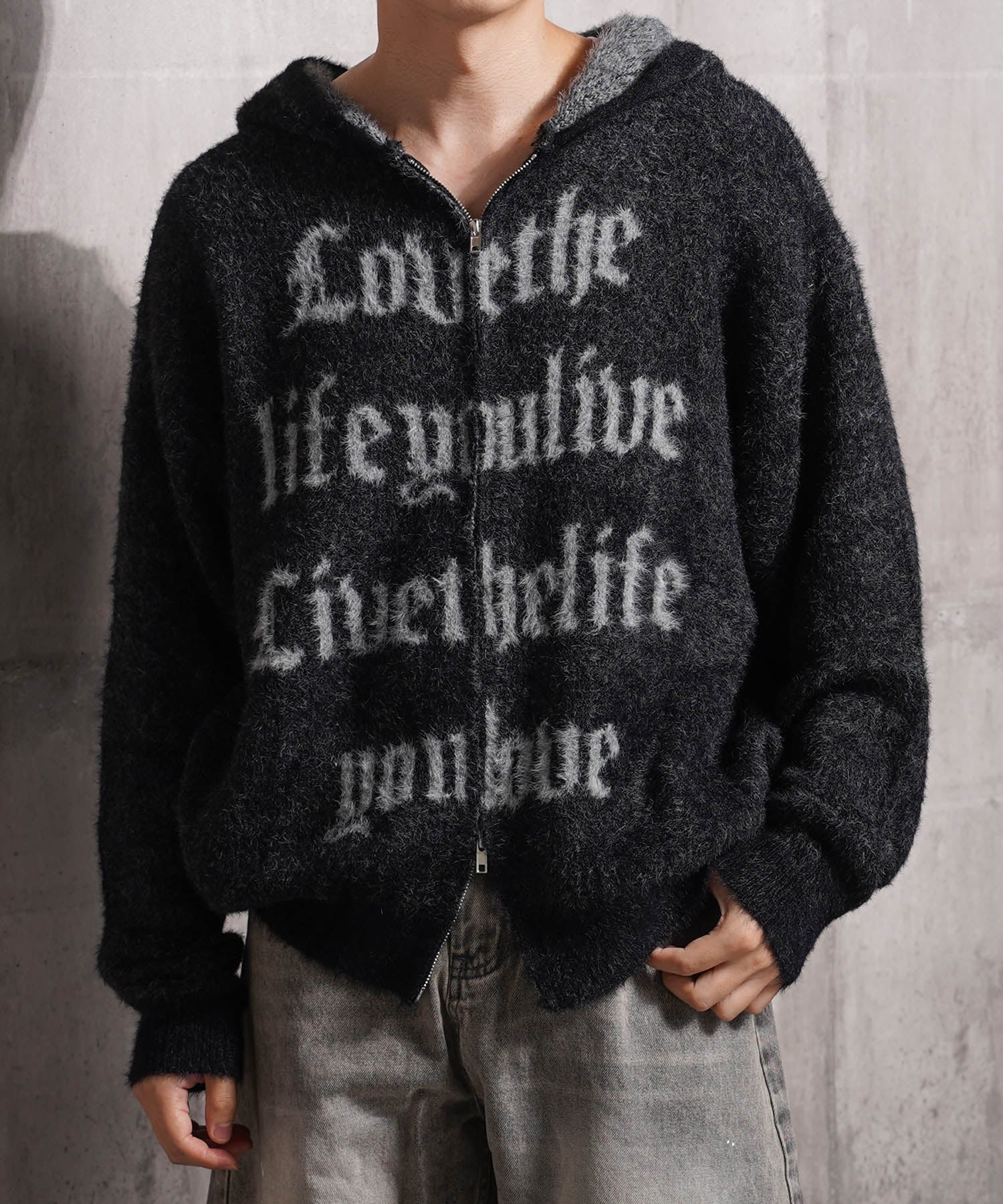 ワンフォークロージング 1111clothing シャギーニット レタリング ジップパーカー （BLACK） BLACK