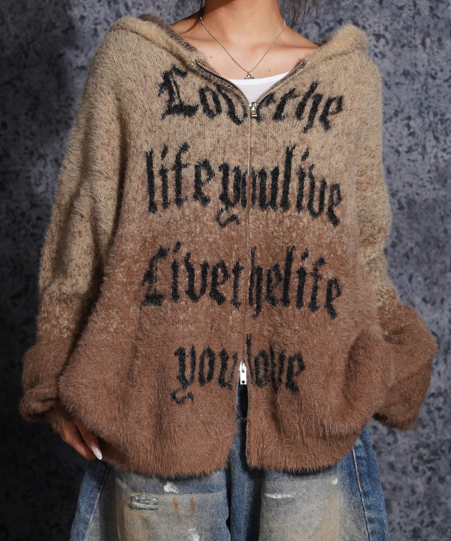ワンフォークロージング 1111clothing シャギーニット レタリング ジップパーカー （BROWN） BROWN