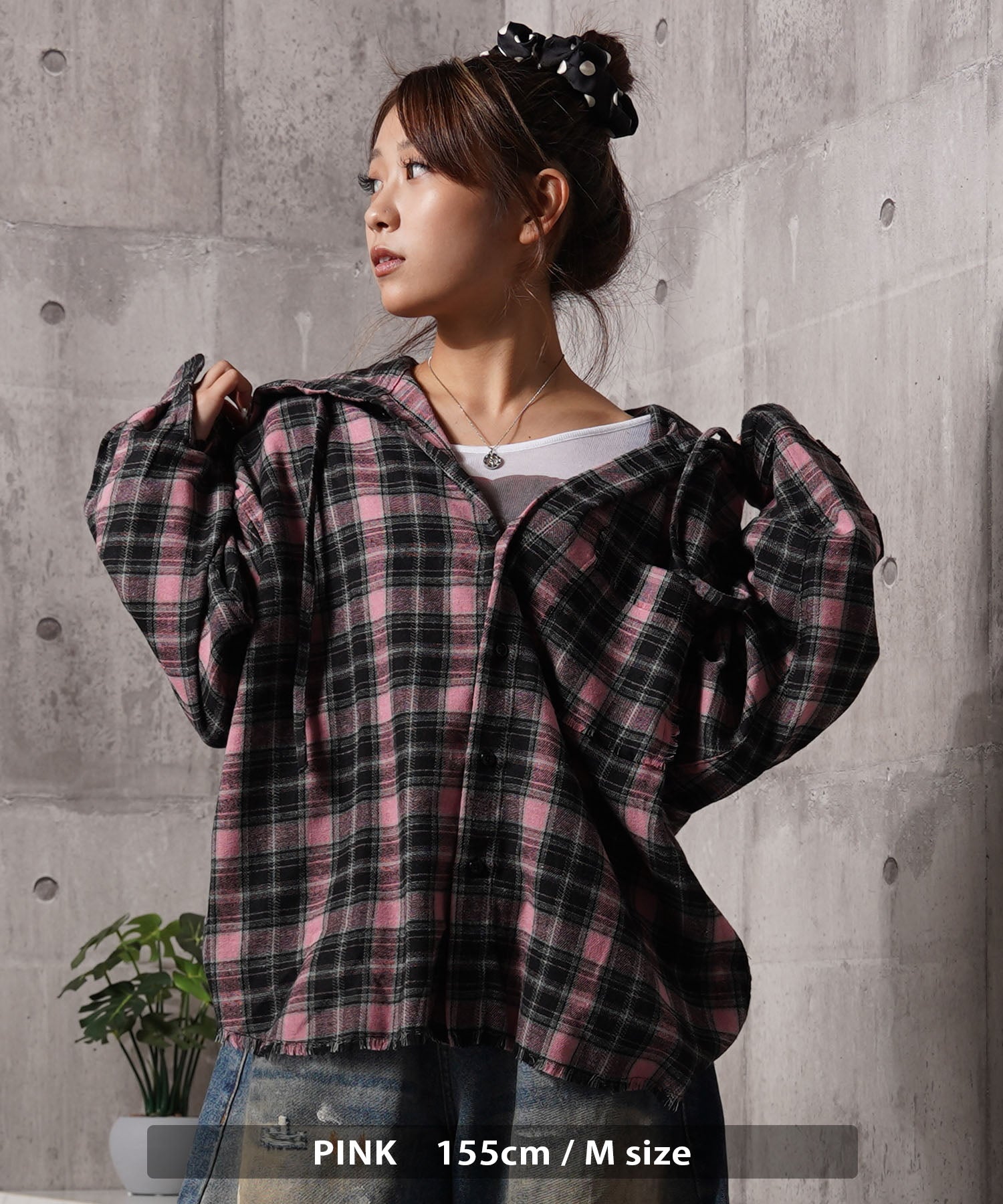 ワンフォークロージング 1111clothing フリンジ チェックシャツパーカー （PINK） PINK
