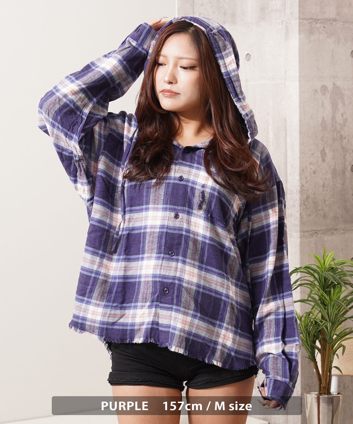 ワンフォークロージング 1111clothing フリンジ チェックシャツパーカー （PINK） PINK