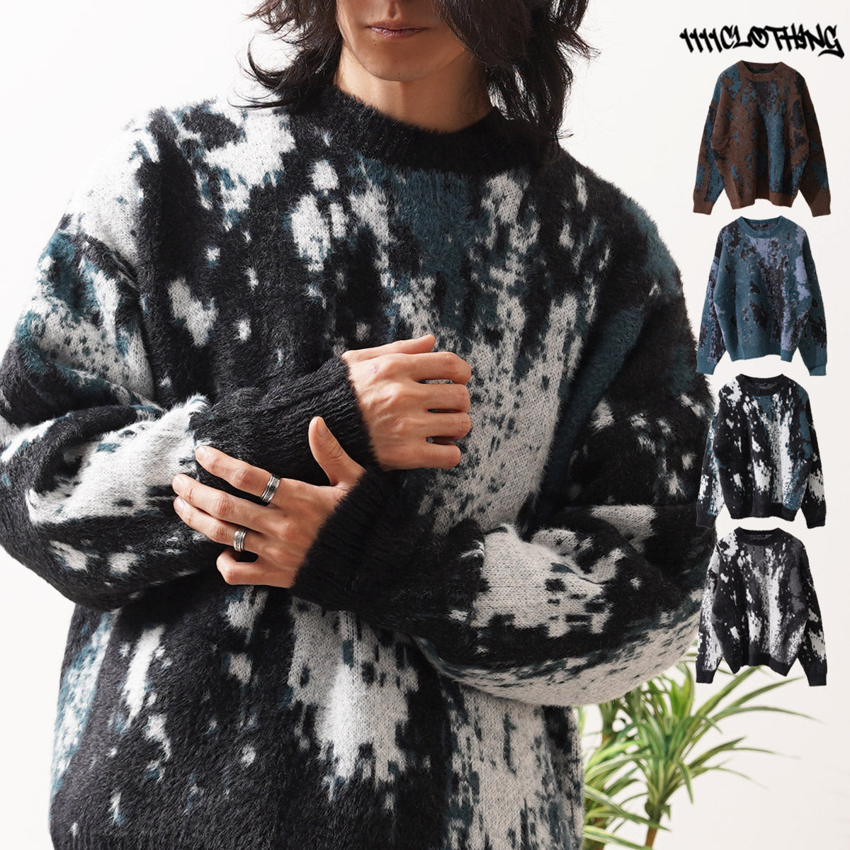 ワンフォークロージング 1111clothing アブストラクト柄 シャギーニット （BROWN） BROWN