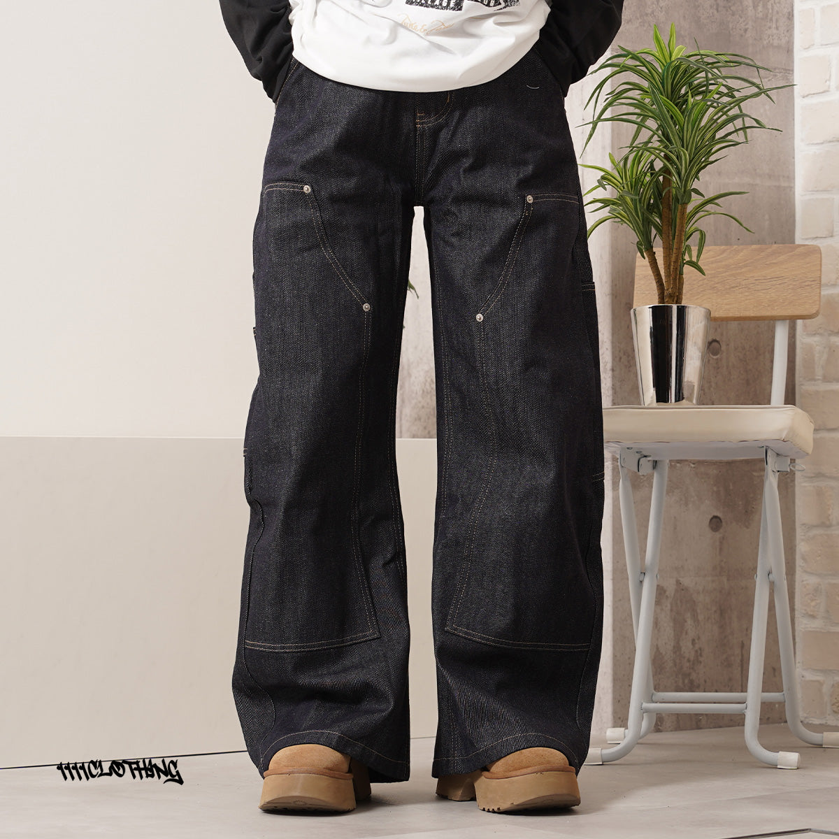 ワンフォークロージング 1111clothing リジットデニム ダブルニー バレルレッグパンツ （RIGID） RIGID