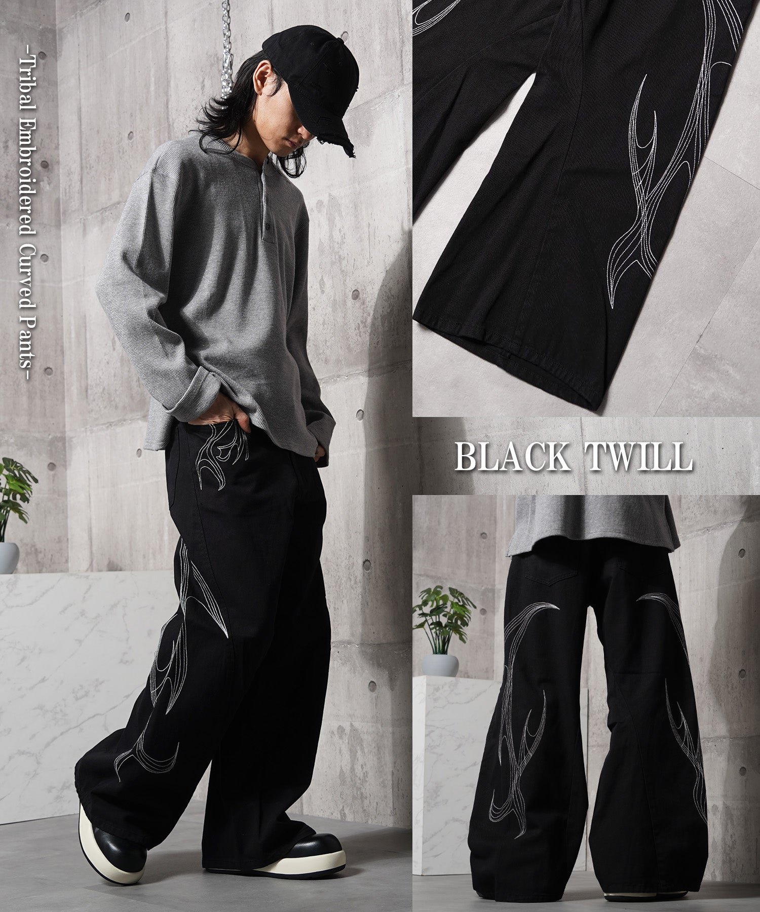 ワンフォークロージング 1111clothing トライバル刺繍 カーブパンツ （BLACK DENIM） BLACK DENIM