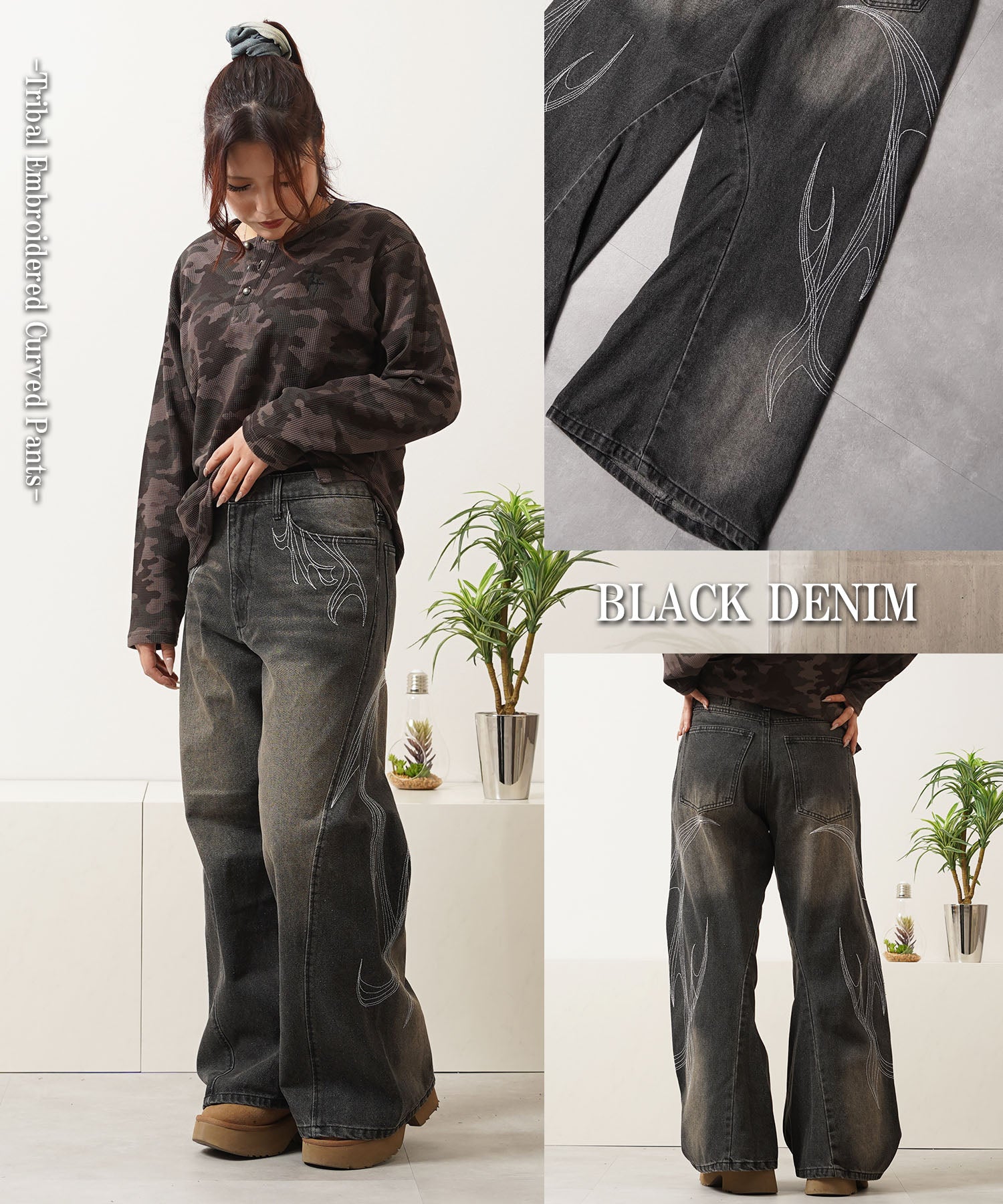 ワンフォークロージング 1111clothing トライバル刺繍 カーブパンツ （BLACK DENIM） BLACK DENIM