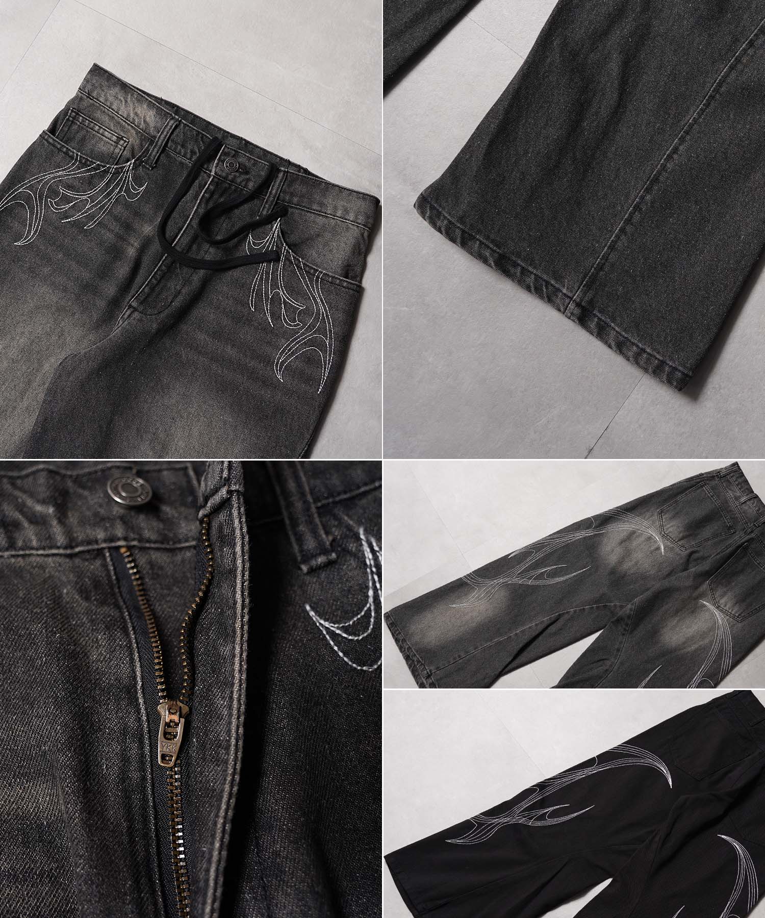 ワンフォークロージング 1111clothing トライバル刺繍 カーブパンツ （BLACK DENIM） BLACK DENIM