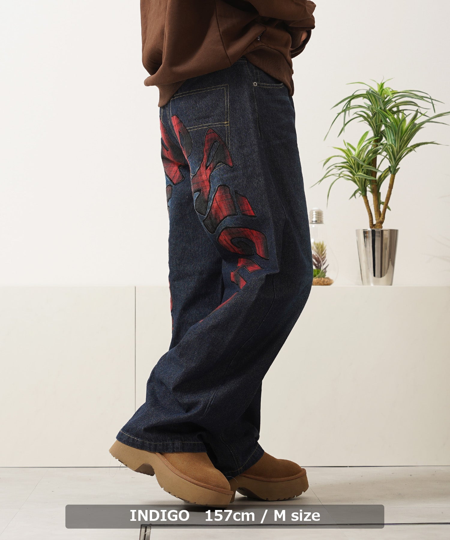 ワンフォークロージング 1111clothing チェック柄 バックアーチ ワイドデニムパンツ （INDIGO） INDIGO