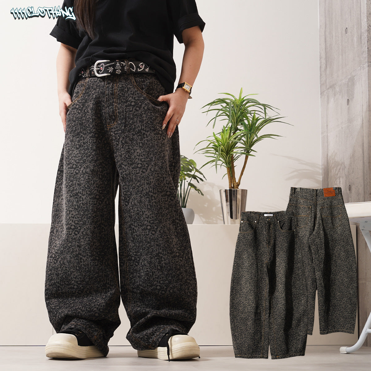 ワンフォークロージング 1111clothing レオパード デニムカーブパンツ （BLACK） BLACK