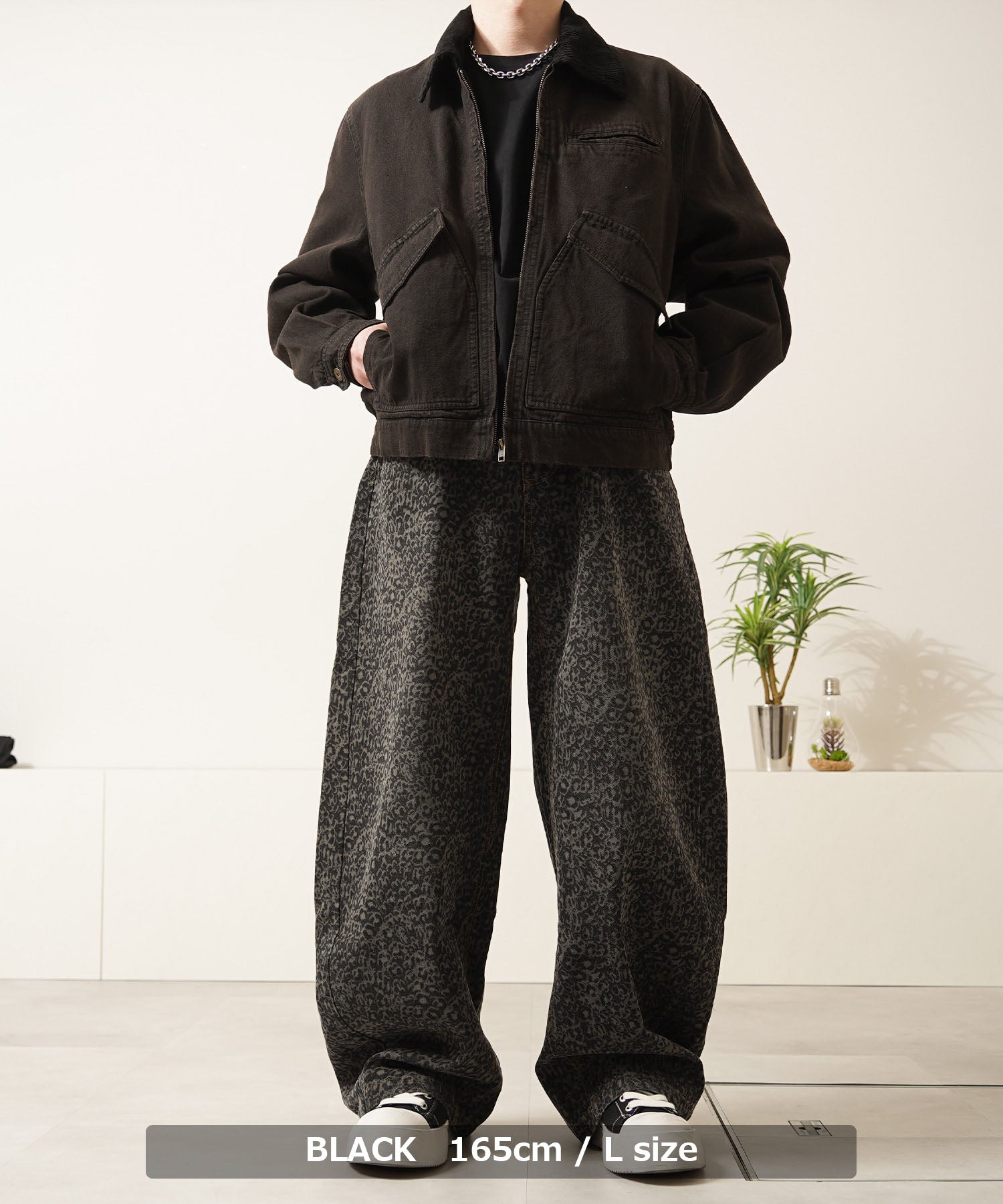 ワンフォークロージング 1111clothing レオパード デニムカーブパンツ （BLACK） BLACK
