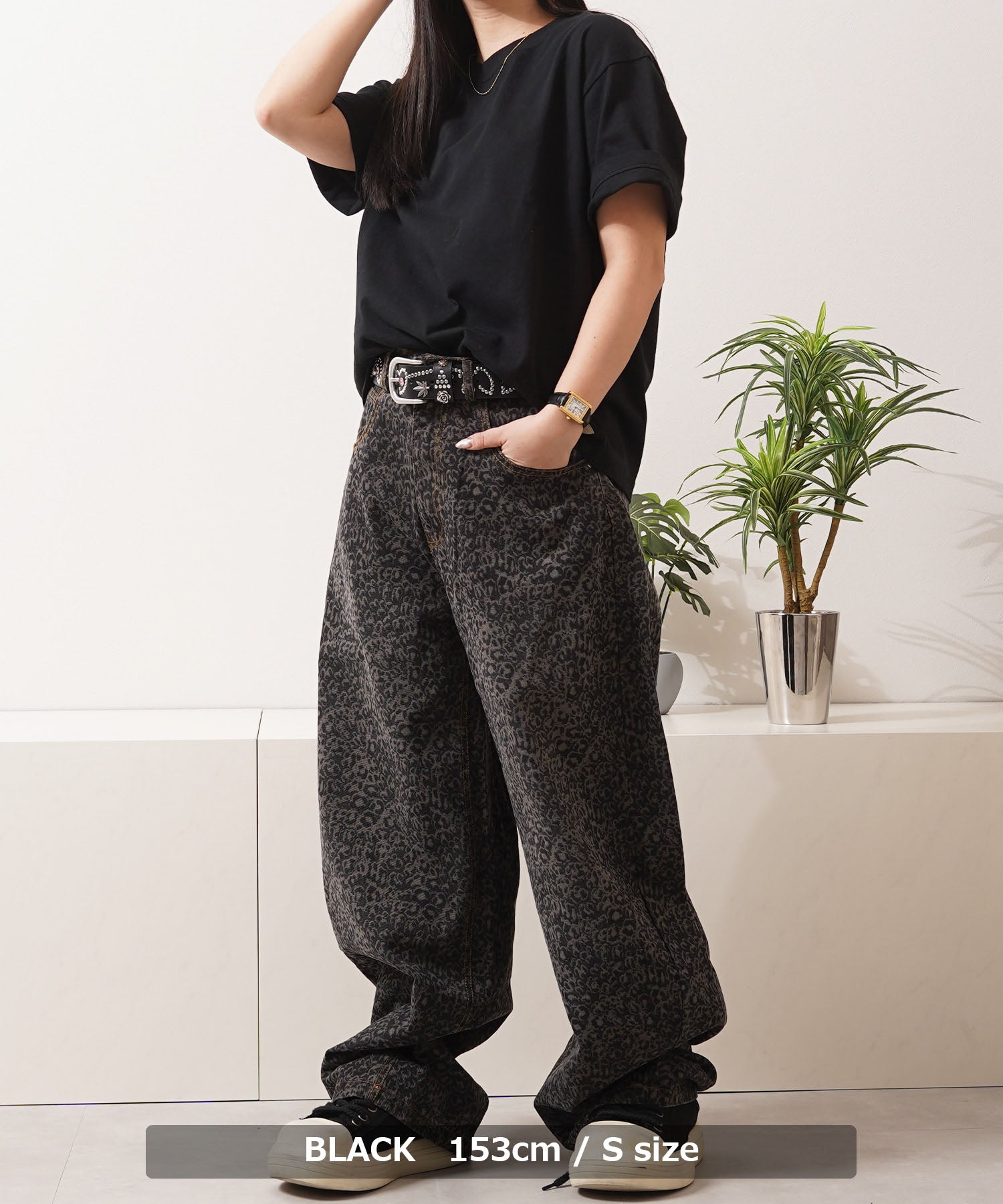 ワンフォークロージング 1111clothing レオパード デニムカーブパンツ （BLACK） BLACK