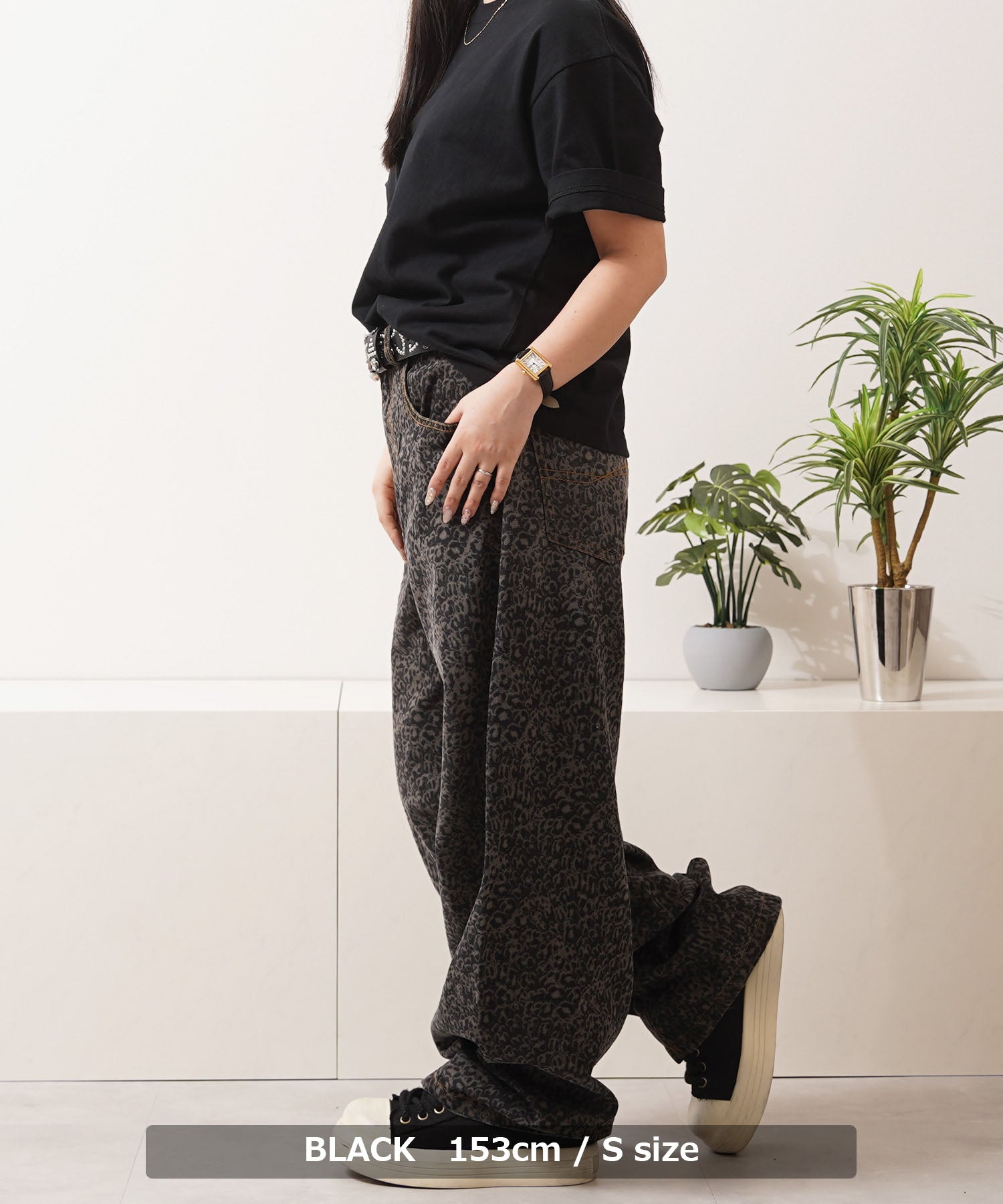 ワンフォークロージング 1111clothing レオパード デニムカーブパンツ （BLACK） BLACK