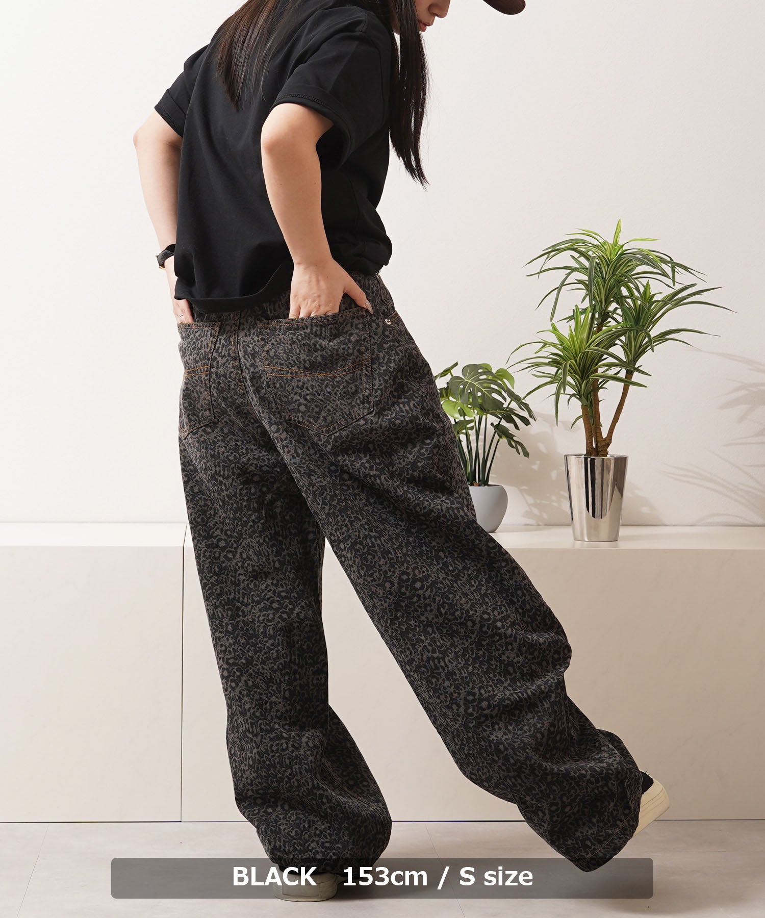 ワンフォークロージング 1111clothing レオパード デニムカーブパンツ （BLACK） BLACK