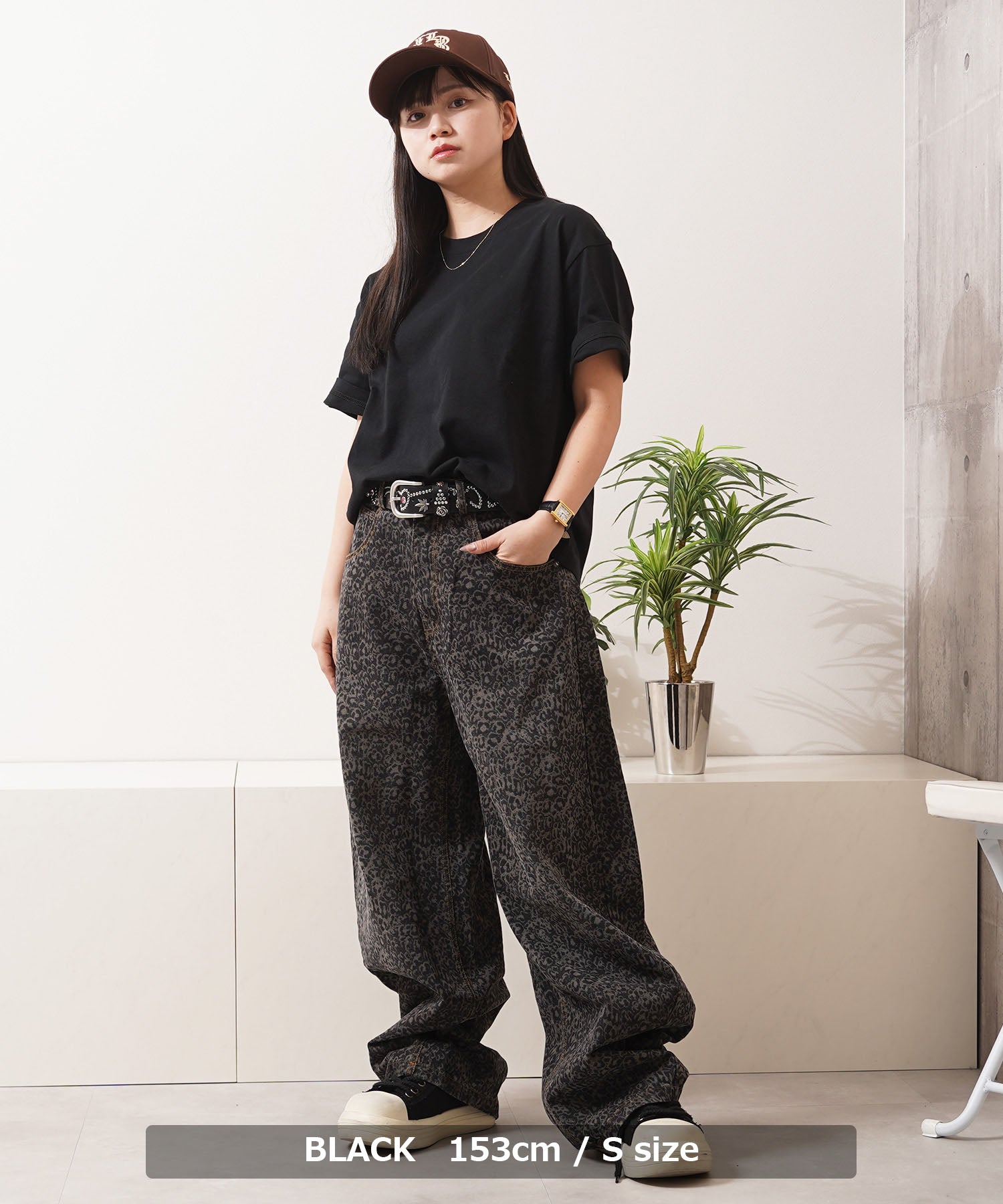 ワンフォークロージング 1111clothing レオパード デニムカーブパンツ （BLACK） BLACK