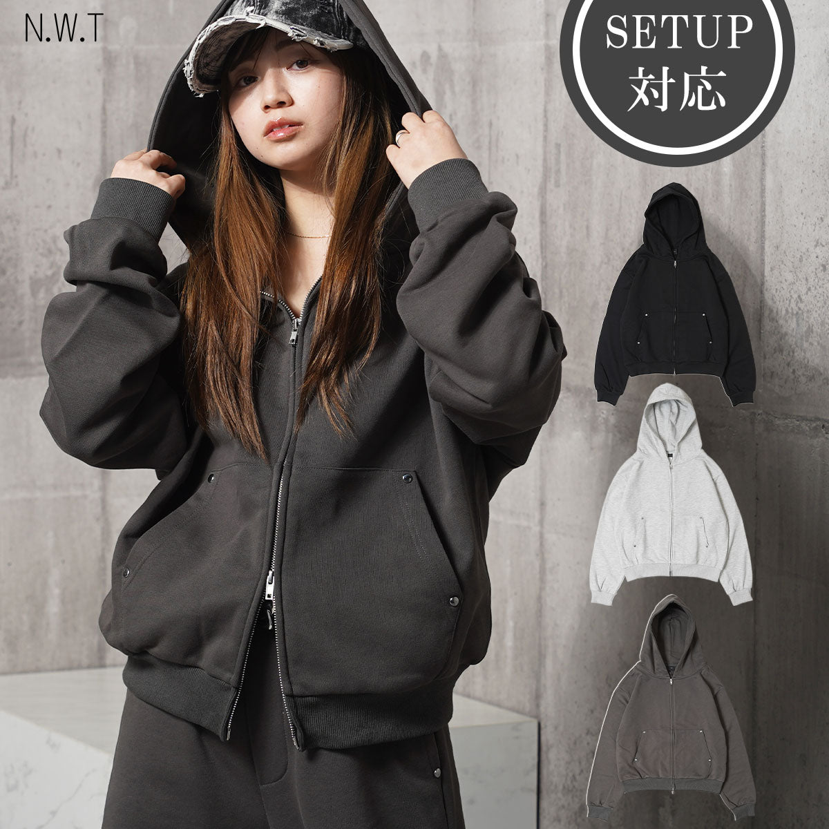 ワンフォークロージング 1111clothing 【N.W.T】スタッズ ダブルジップパーカー / セットアップ対応 （BLACK） BLACK