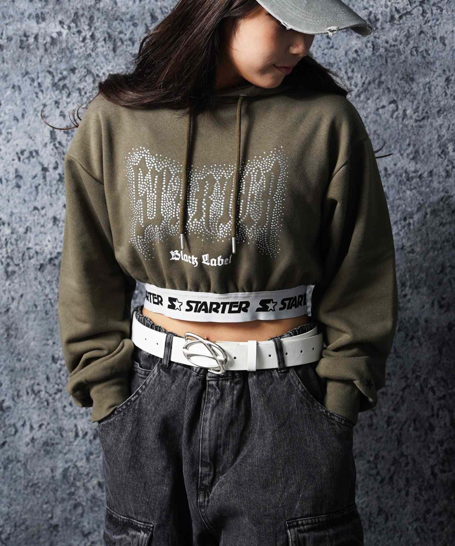 ワンフォークロージング 1111clothing STARTER / ラインストーン ショート丈 プルパーカー,KHAKI