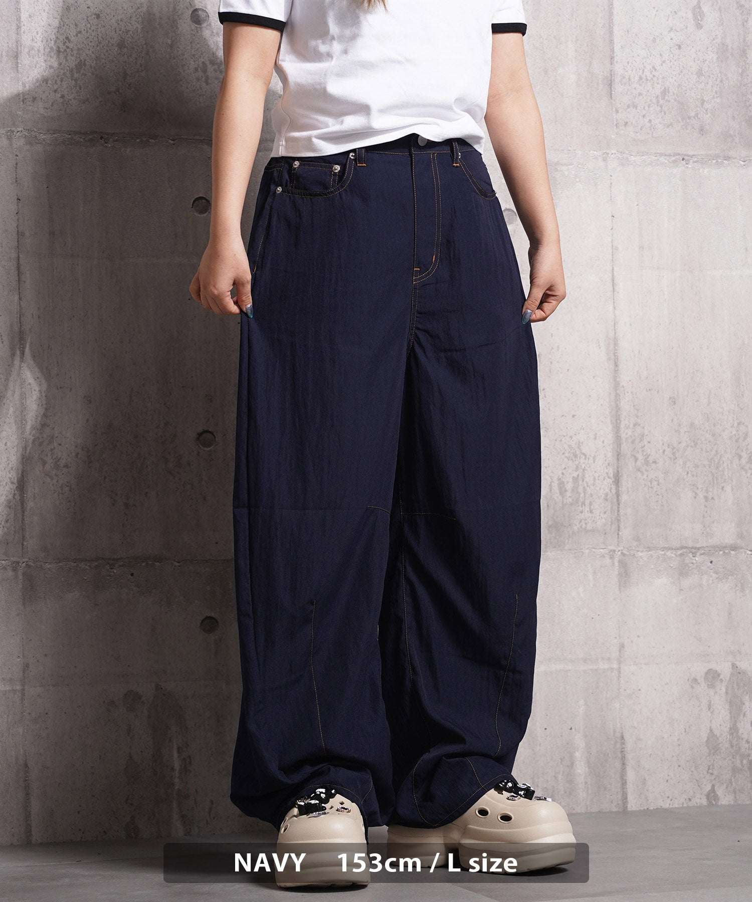 ワンフォークロージング 1111clothing ナイロンワッシャー バレルレッグパンツ （NAVY） NAVY