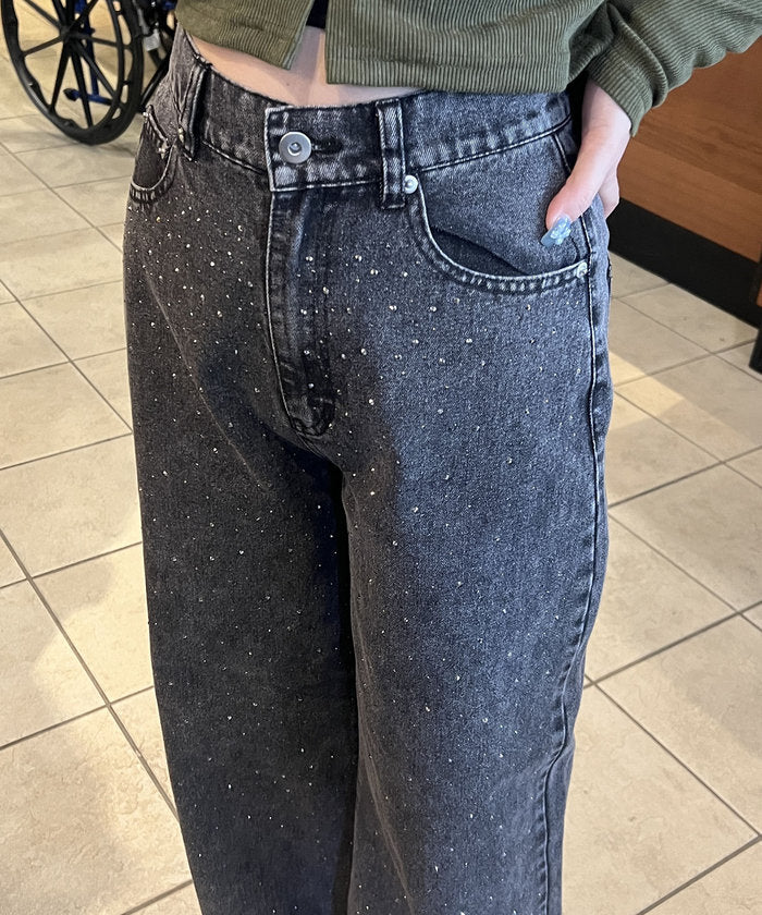ナイスクラップ NICE CLAUP 【M/Lサイズ展開】《スタイルアップシルエット》ストーン付デニム （BK） BK