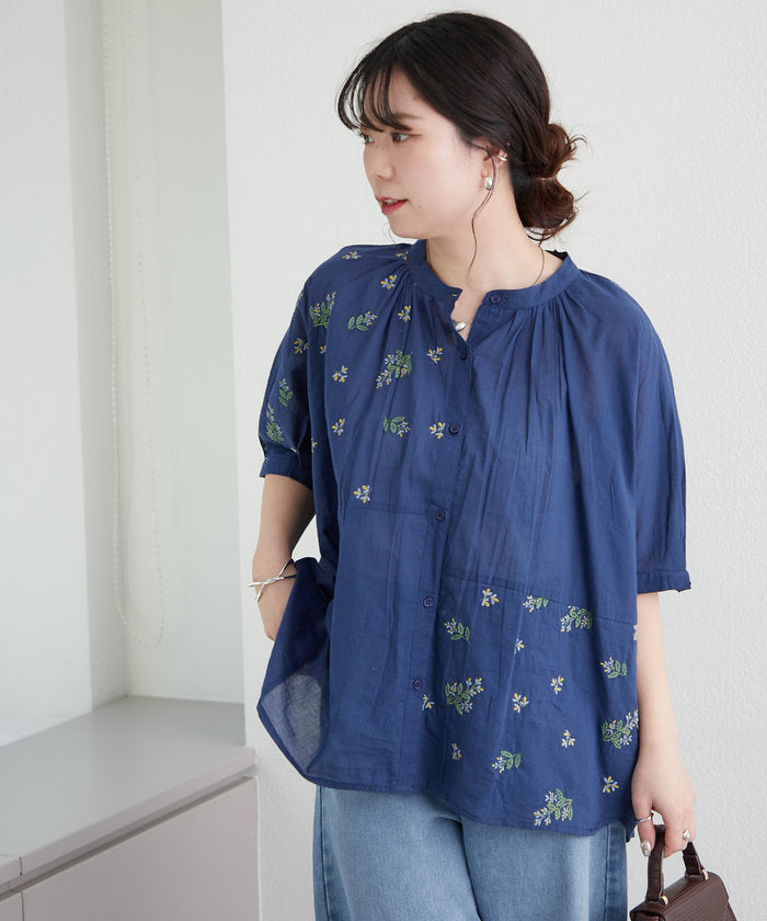 ナイスクラップ NICE CLAUP 【India Series】【SETUP対応】ミモザ刺繍ドルマンブラウス （NVY） NVY