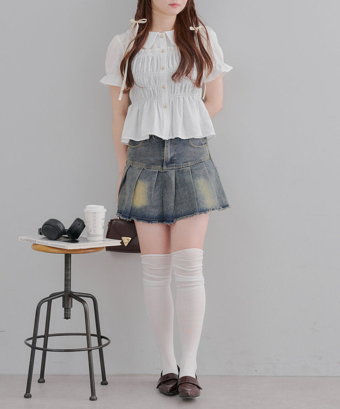 ナイスクラップ NICE CLAUP 【韓国風コーデ叶う!】シャーリング衿付ブラウス （BK） BK