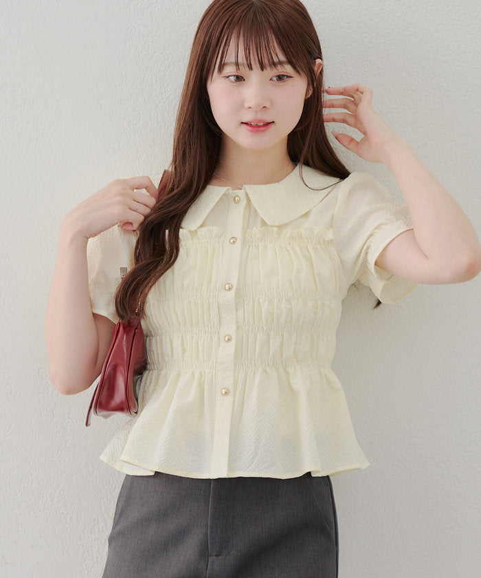 ナイスクラップ NICE CLAUP 【韓国風コーデ叶う!】シャーリング衿付ブラウス （BK） BK