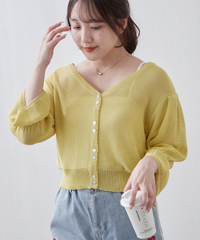 ナイスクラップ NICE CLAUP 麻風素材、キャンディ袖カーディガン （BE） BE
