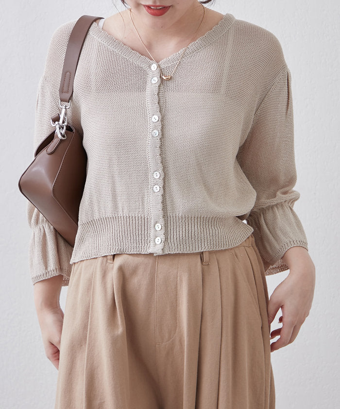 ナイスクラップ NICE CLAUP 麻風素材、キャンディ袖カーディガン （BE） BE