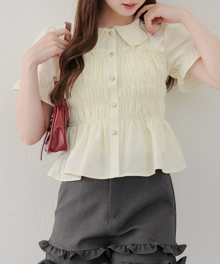 ナイスクラップ NICE CLAUP 【RMAF】【韓国風コーデ叶う!】シャーリング衿付ブラウス （IVY） IVY