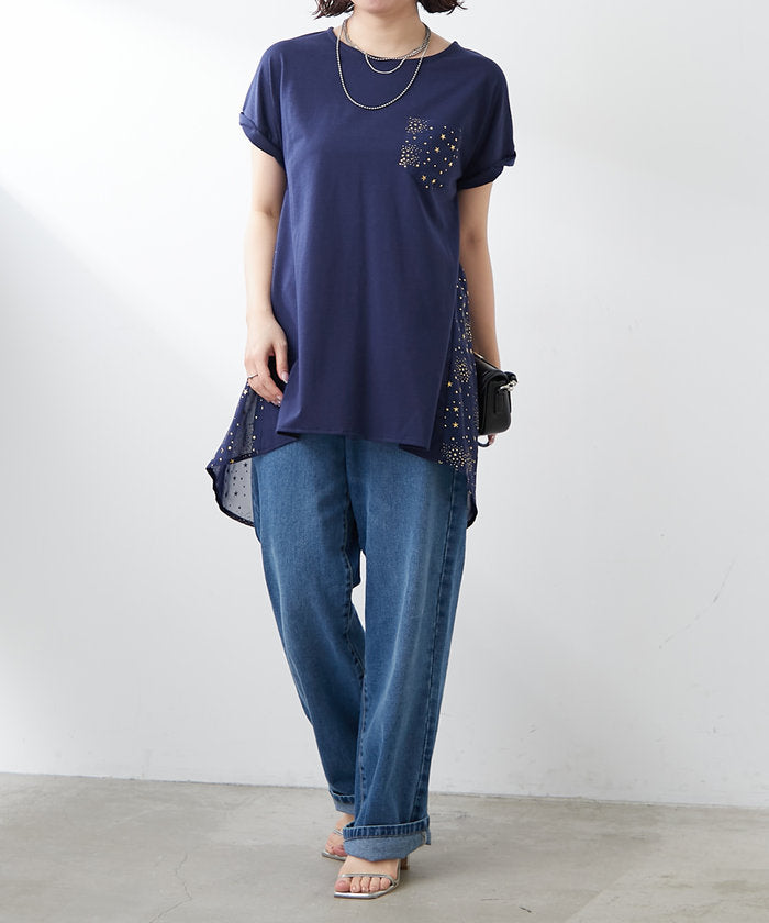 ナイスクラップ NICE CLAUP 大人の遊び心くすぐる異素材切替Tシャツ （BK） BK